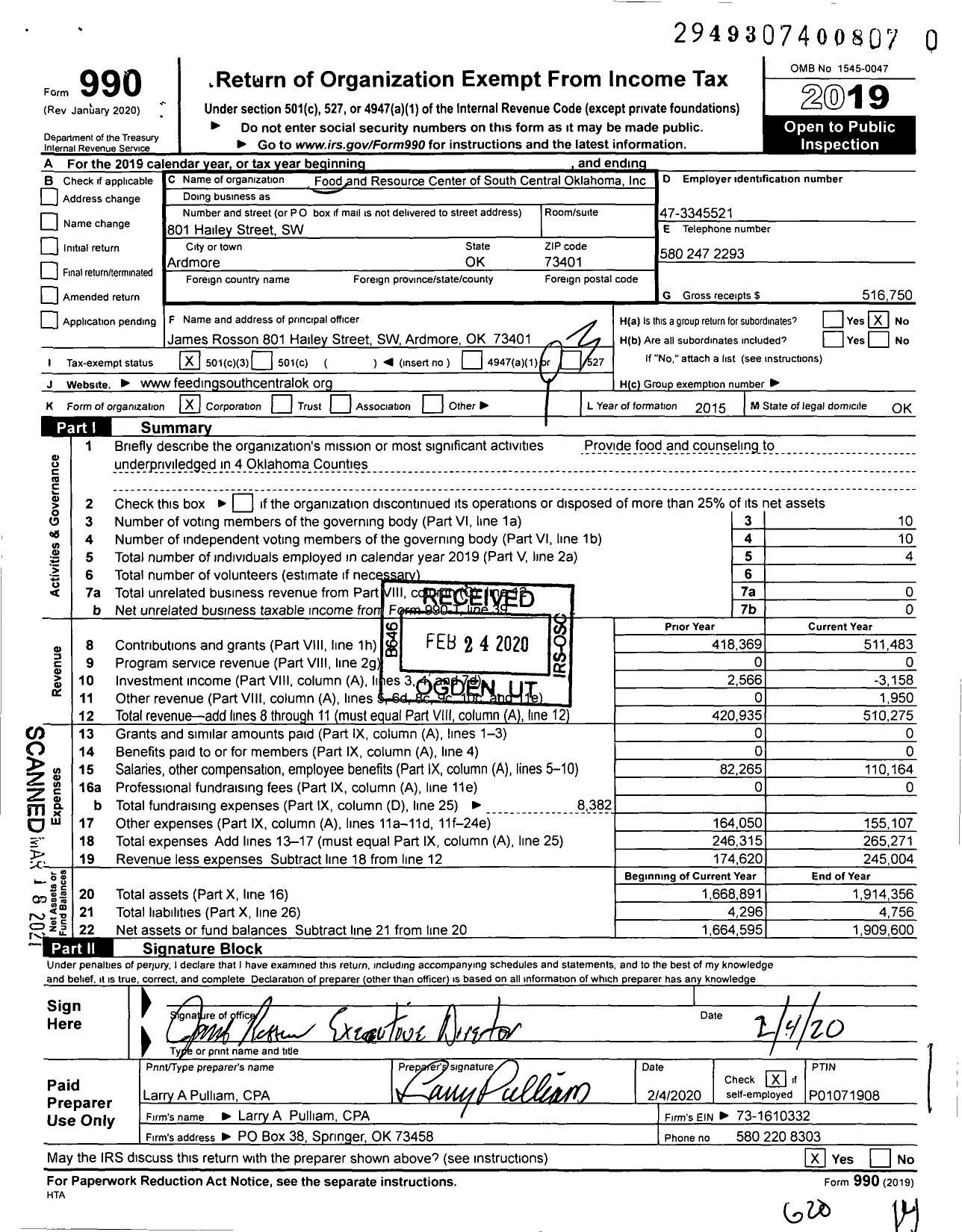 Image of first page of 2019 Form 990 for Food and Resource Center of South Central Oklahoma