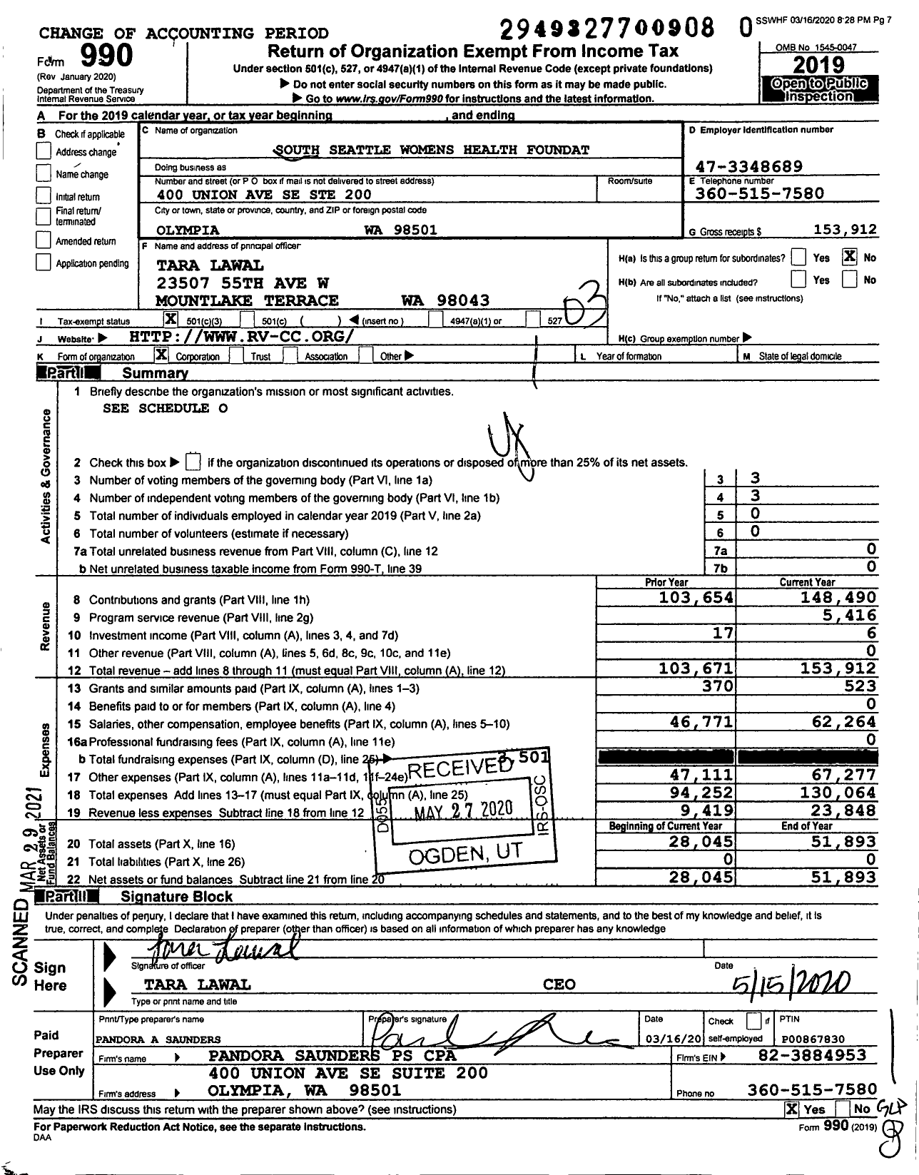 Image of first page of 2019 Form 990 for South Seattle Womens Health Foundation
