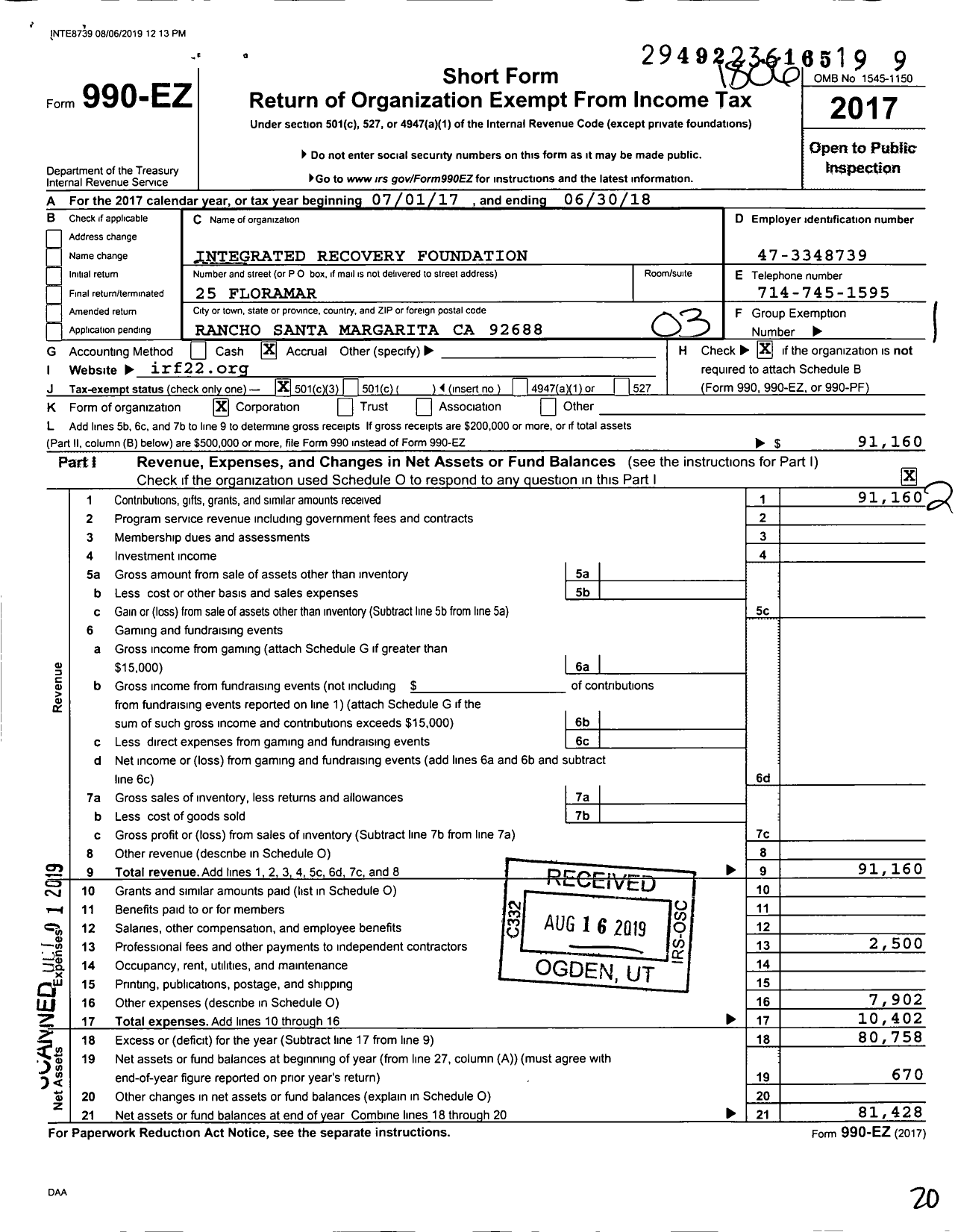 Image of first page of 2017 Form 990EZ for Integrated Recovery Foundation