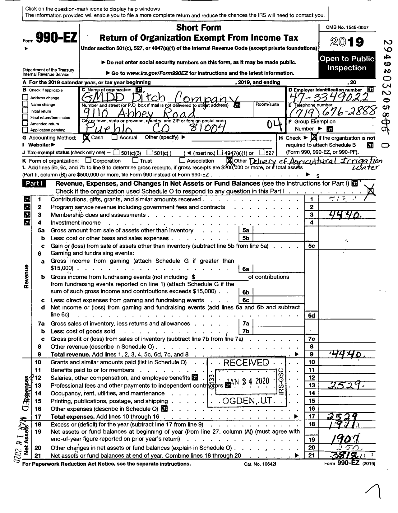 Image of first page of 2019 Form 990EO for GMDD Ditch Company