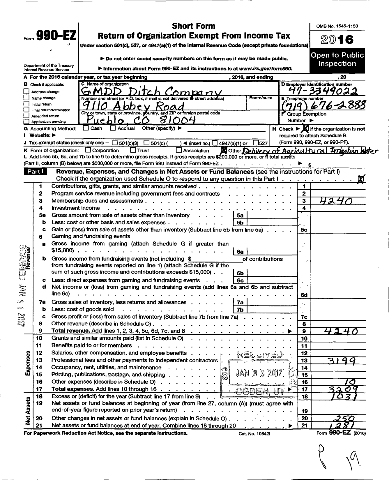 Image of first page of 2016 Form 990EO for GMDD Ditch Company