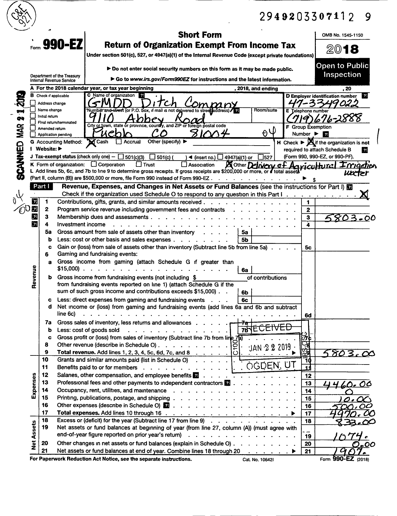 Image of first page of 2018 Form 990EO for GMDD Ditch Company