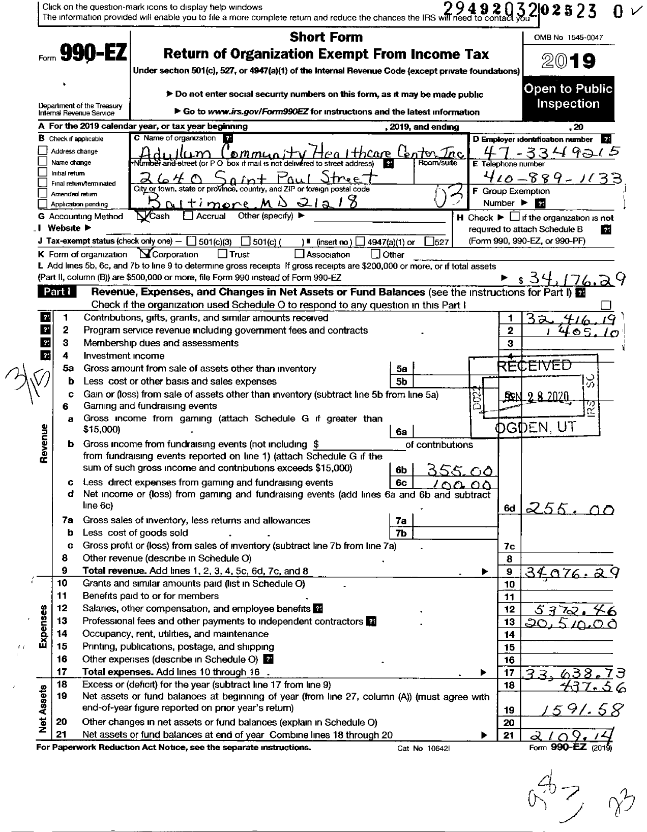 Image of first page of 2019 Form 990EZ for Adullum Community Healthcare Center