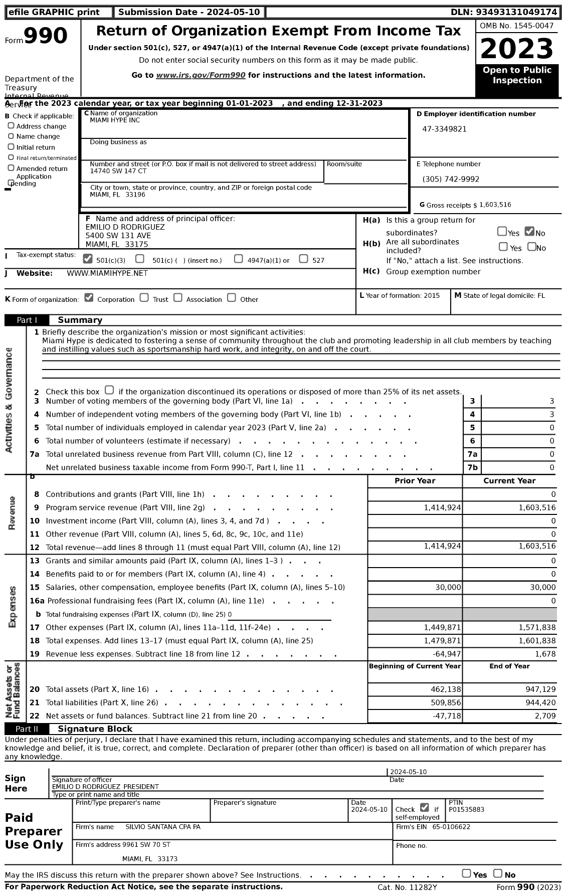 Image of first page of 2023 Form 990 for Miami Hype