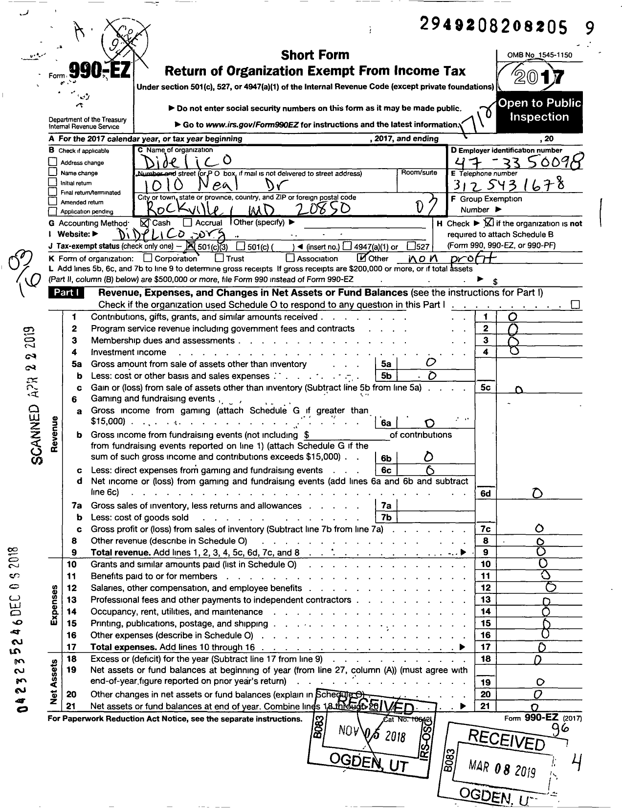 Image of first page of 2017 Form 990EZ for Didelico