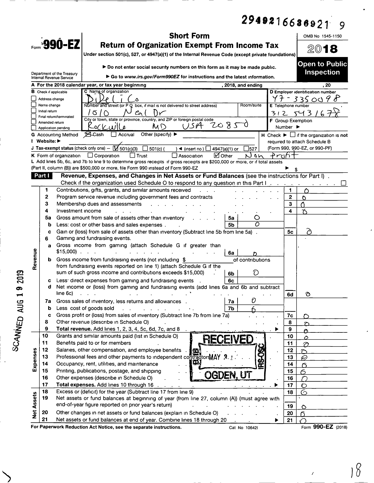 Image of first page of 2018 Form 990EZ for Didelico