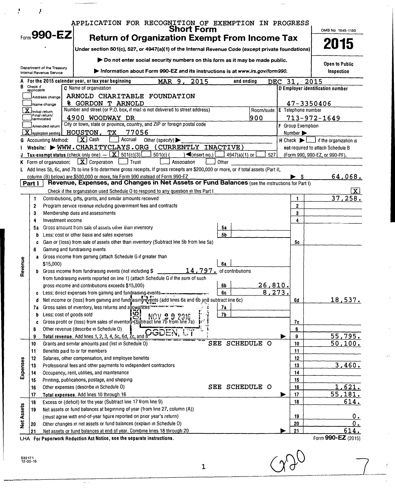 Image of first page of 2015 Form 990EZ for Arnold Charitable Foundation