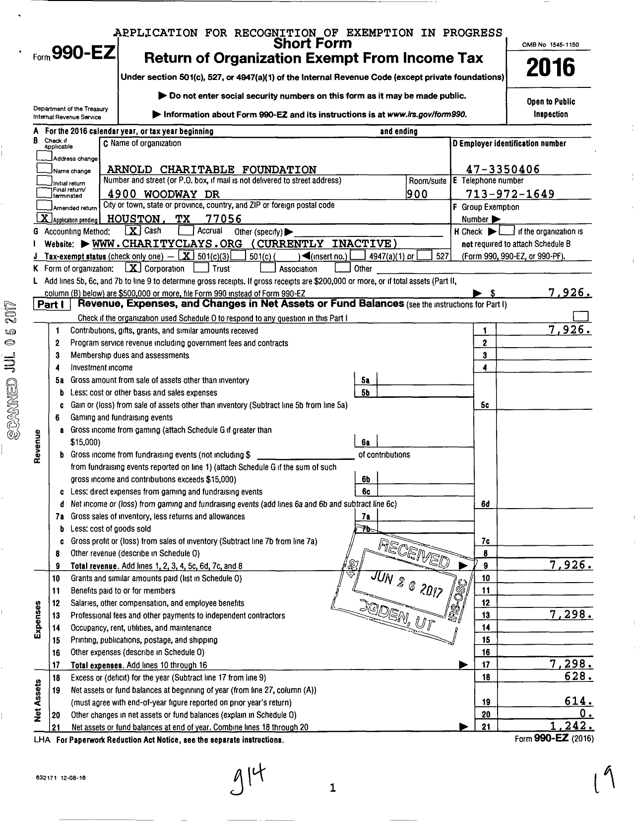 Image of first page of 2016 Form 990EZ for Arnold Charitable Foundation