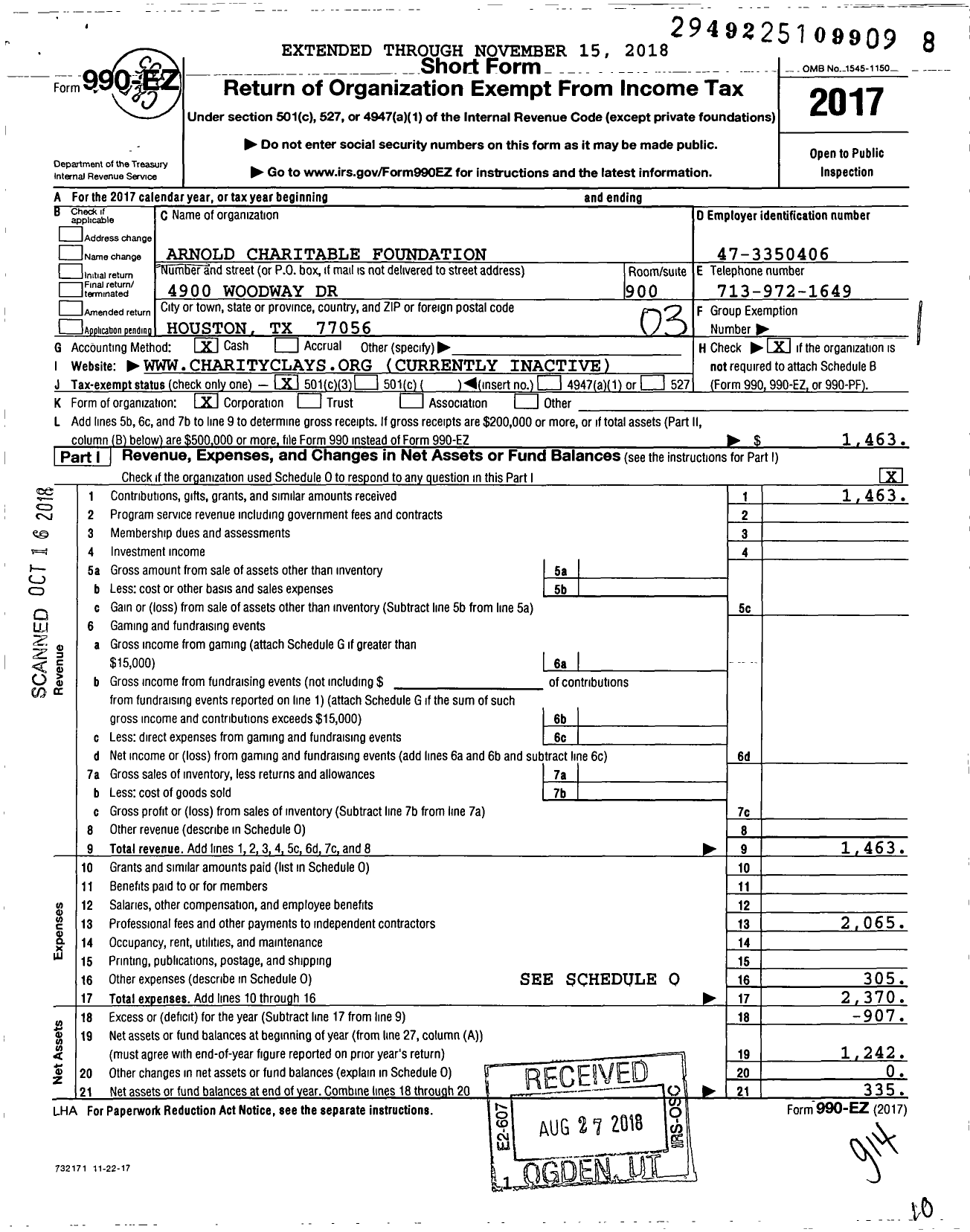 Image of first page of 2017 Form 990EZ for Arnold Charitable Foundation