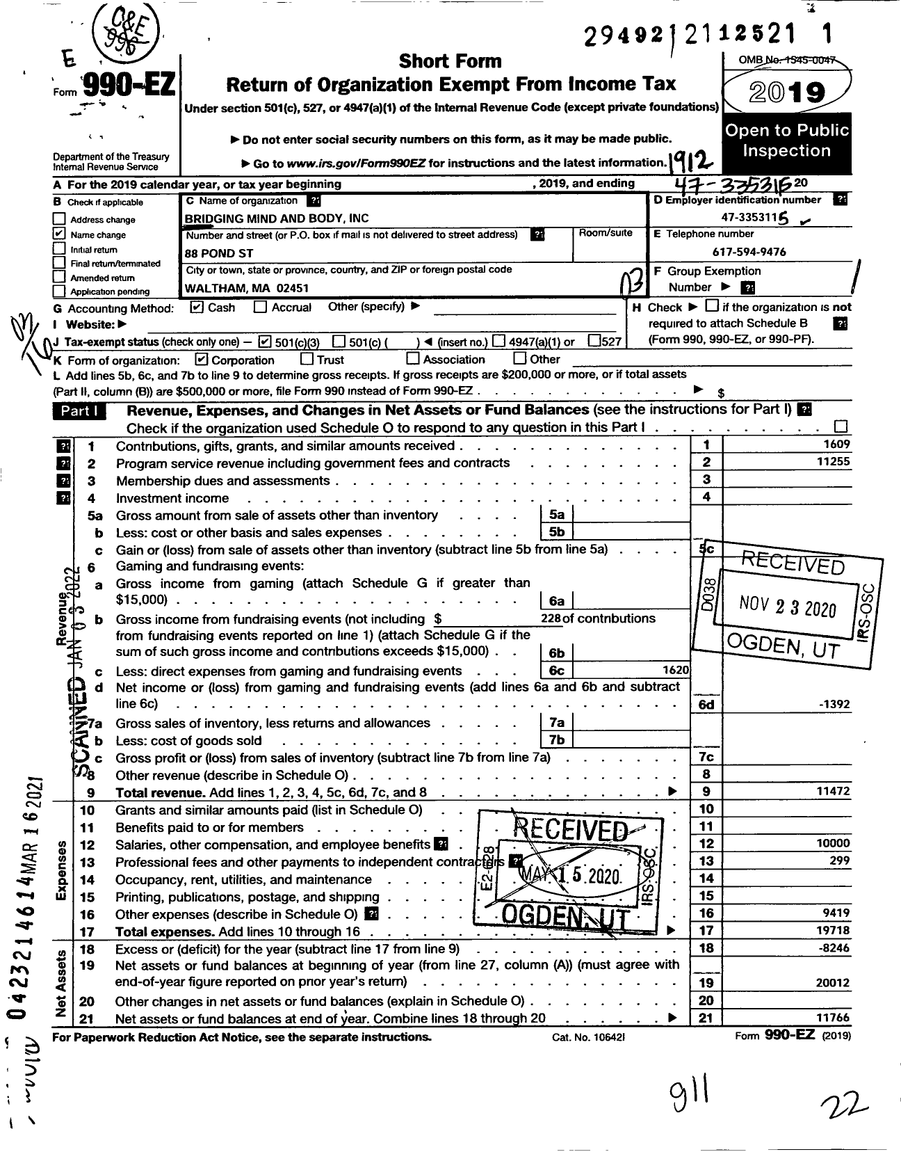 Image of first page of 2019 Form 990EZ for Bridging Mind and Body