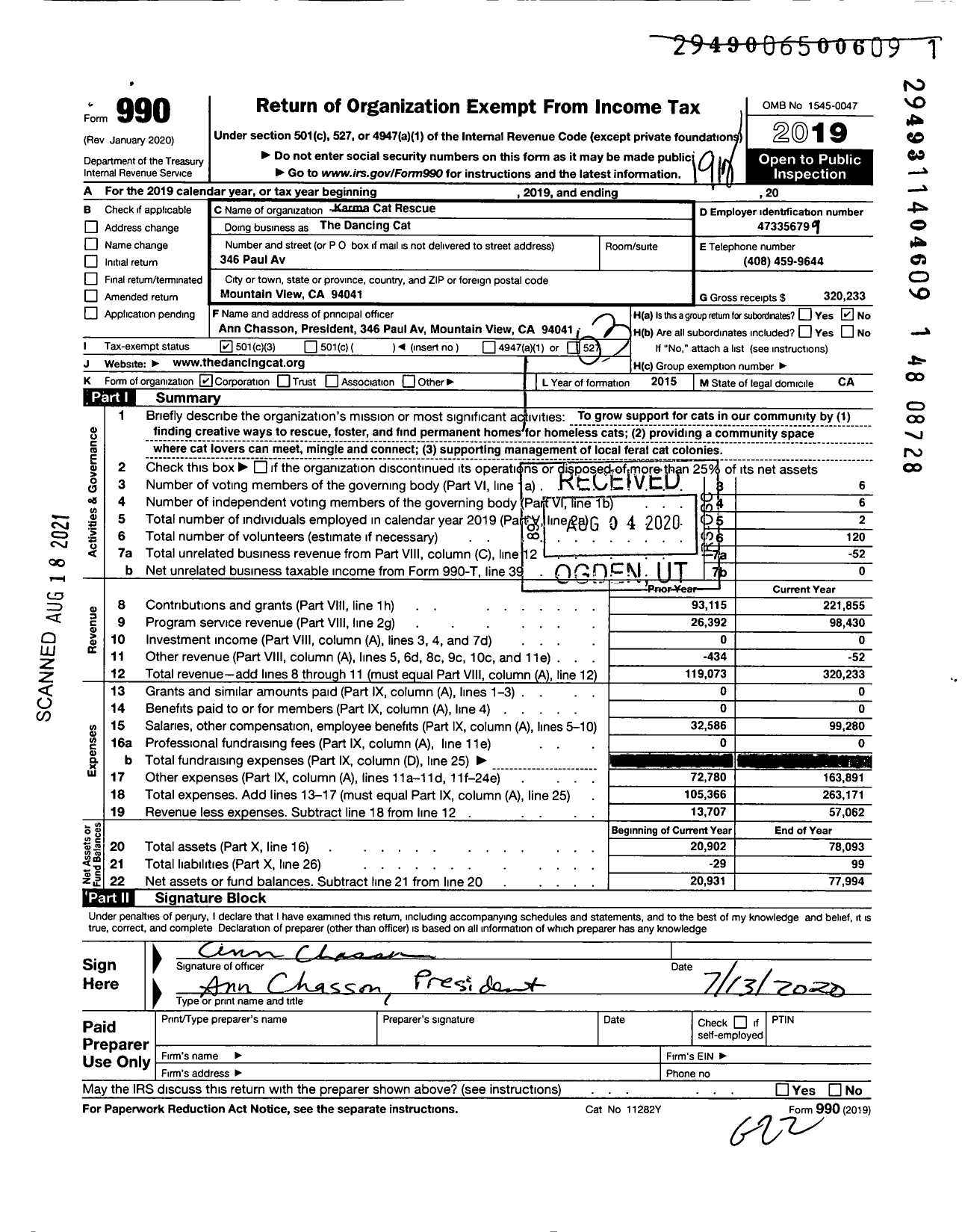 Image of first page of 2019 Form 990 for The Dancing Cat