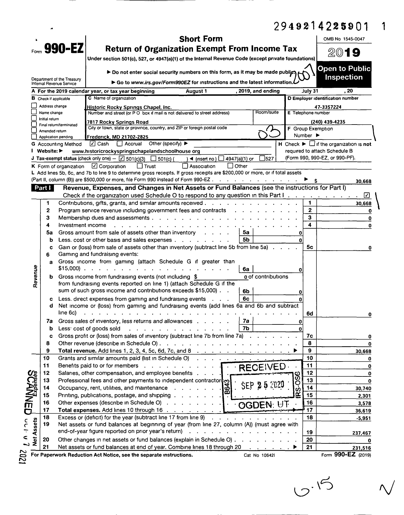 Image of first page of 2019 Form 990EZ for Historic Rocky Springs Chapel