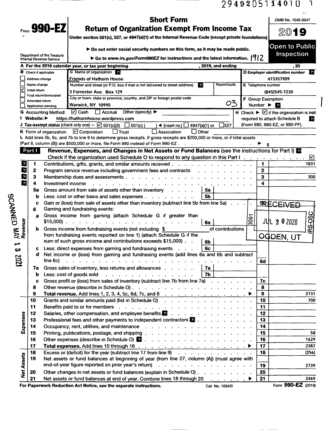 Image of first page of 2019 Form 990EZ for Friends of Hathorn House