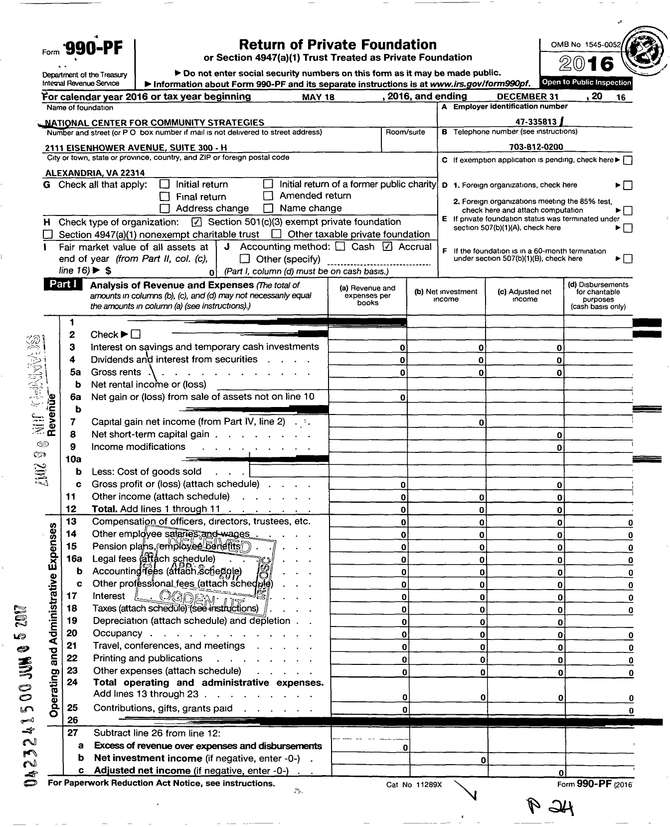 Image of first page of 2016 Form 990PF for National Center for Community Strategies