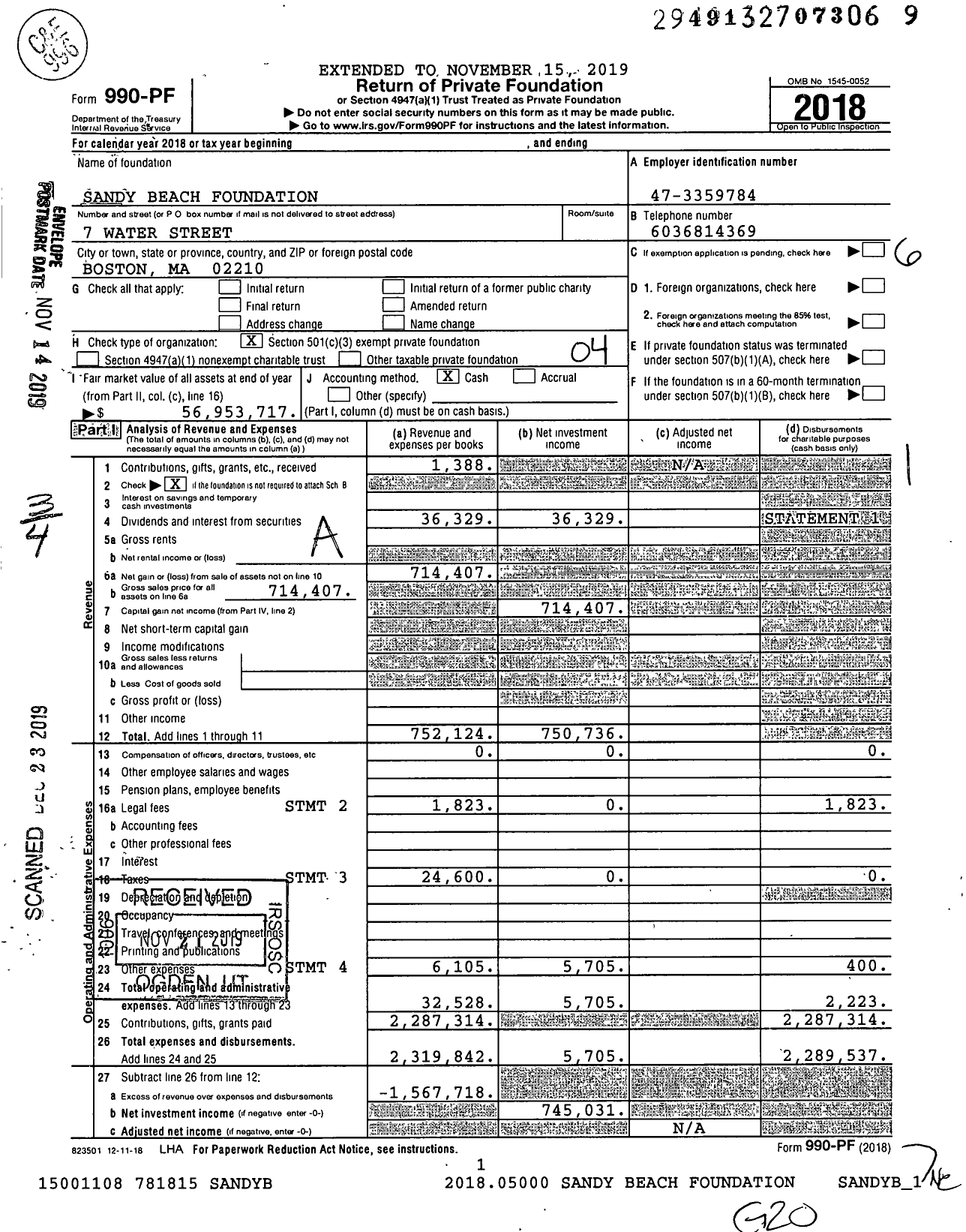 Image of first page of 2018 Form 990PF for Sandy Beach Foundation