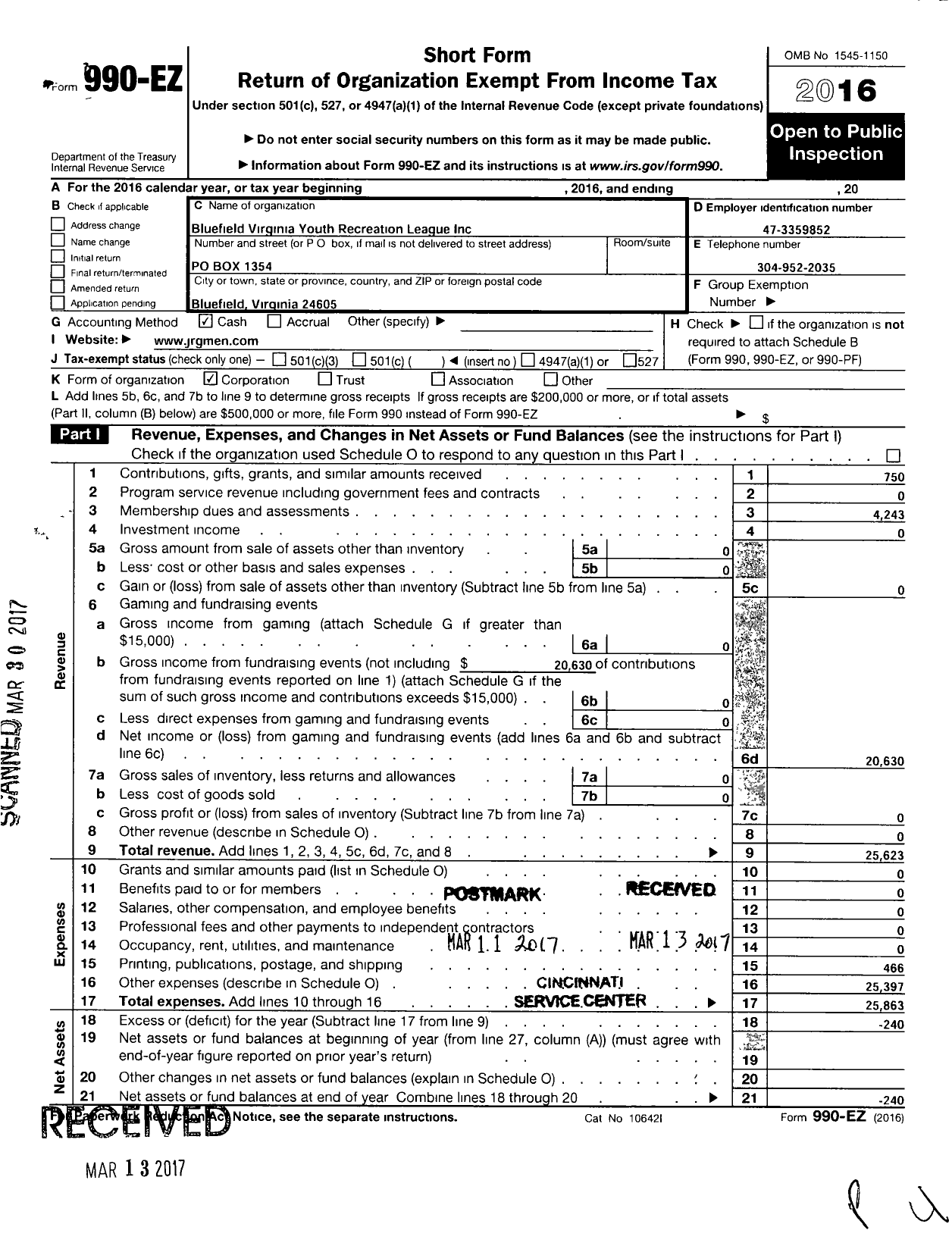 Image of first page of 2016 Form 990EO for Bluefield Virginia Youth Recreation League