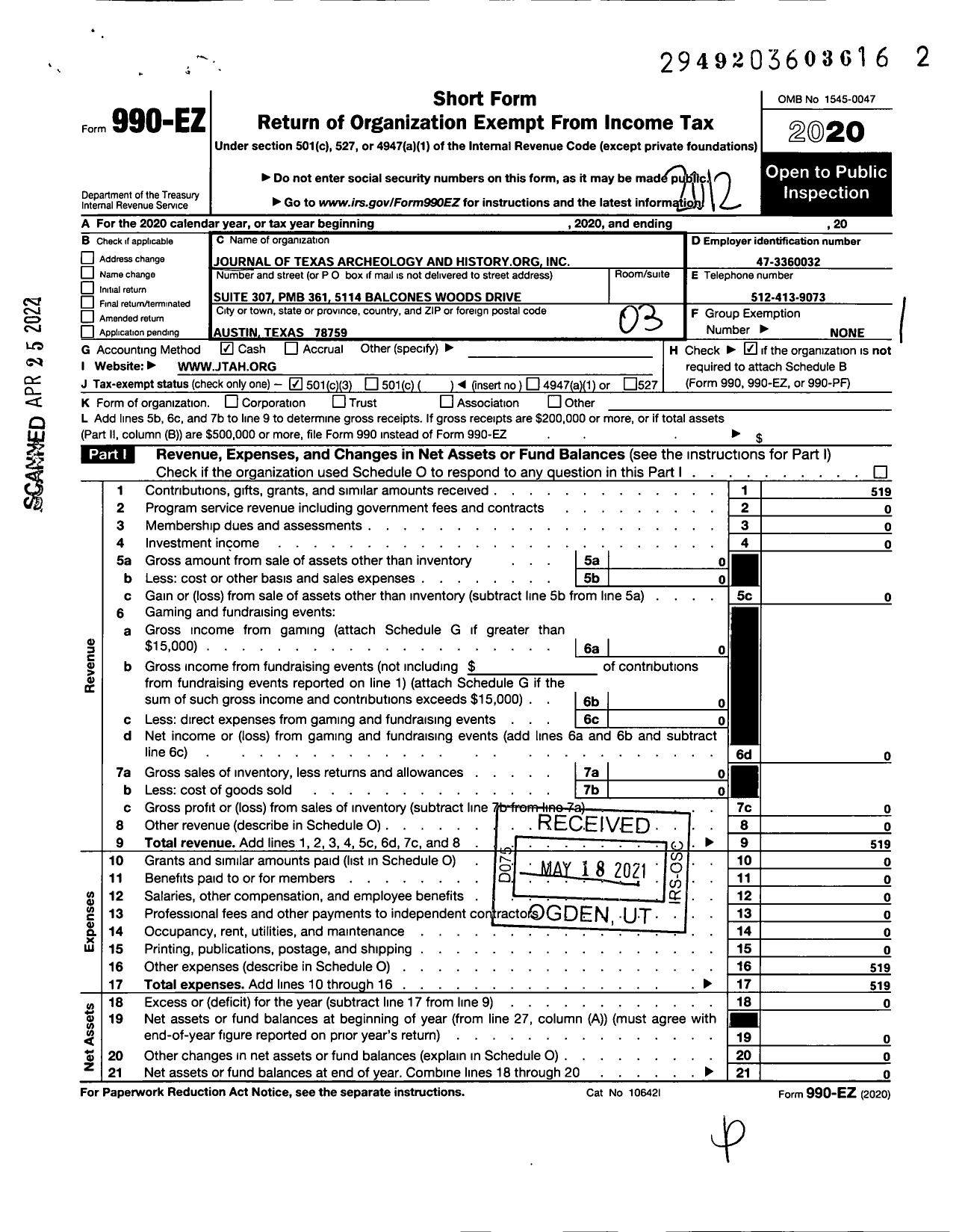 Image of first page of 2020 Form 990EZ for Journal of Texas Archeology and History Org