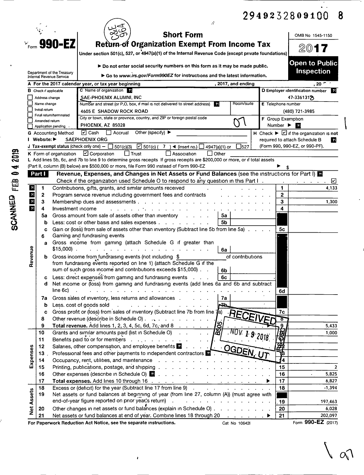 Image of first page of 2017 Form 990EO for Sae-Phoenix Alumni