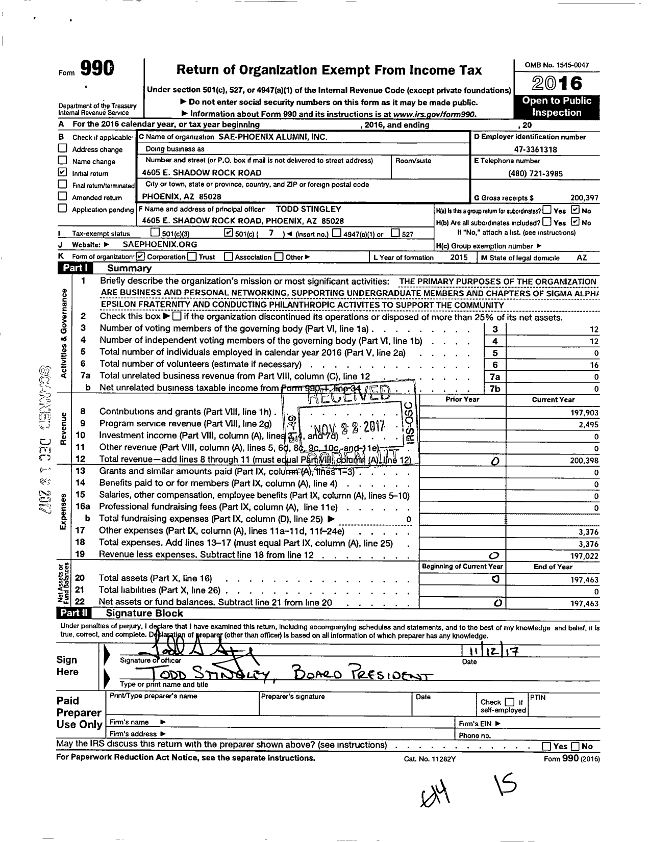 Image of first page of 2016 Form 990O for Sae-Phoenix Alumni