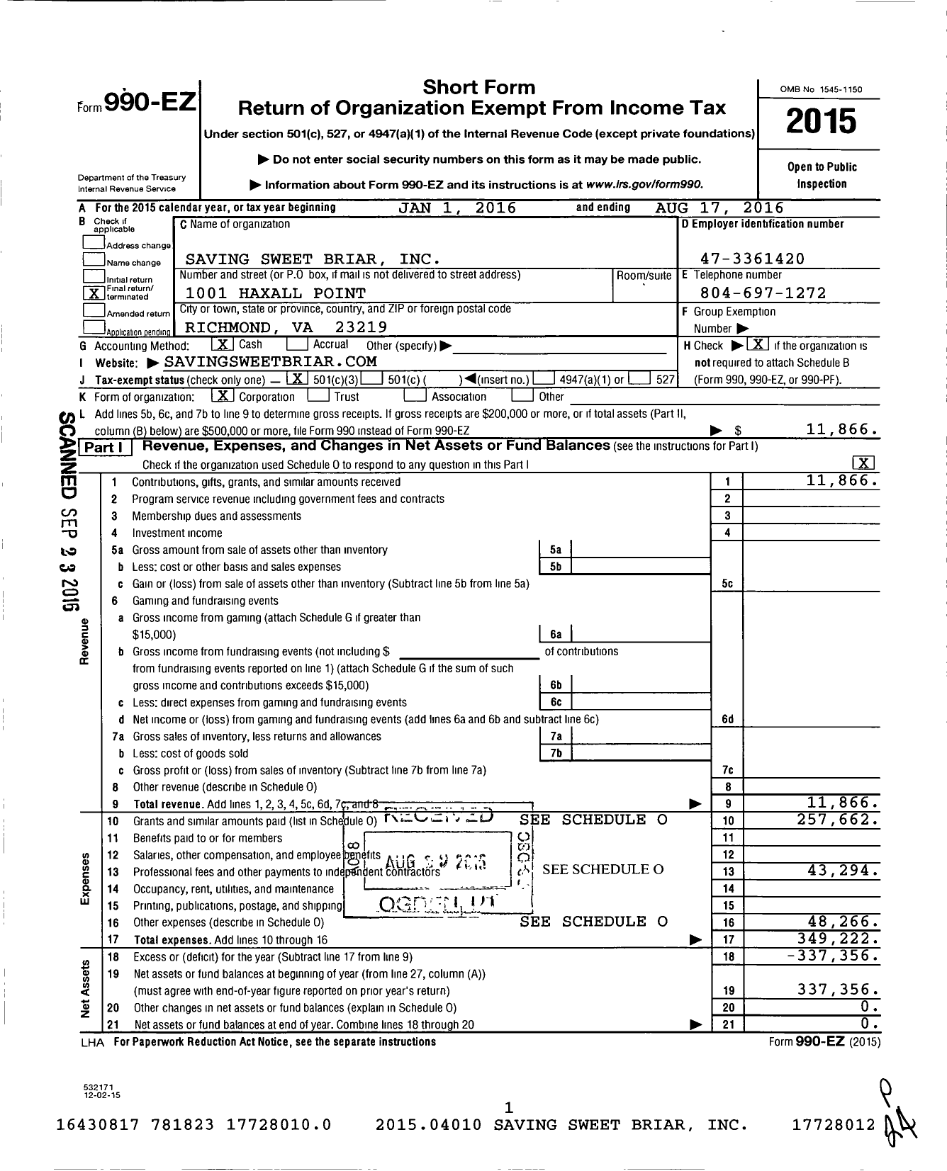 Image of first page of 2015 Form 990EZ for Saving Sweet Briar