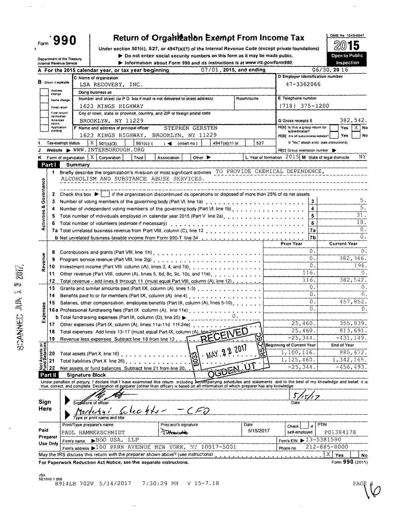 Image of first page of 2015 Form 990 for Lsa Recovery
