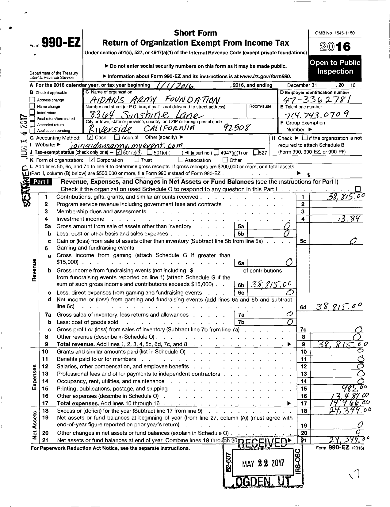 Image of first page of 2016 Form 990EZ for Aidans Army Foundation