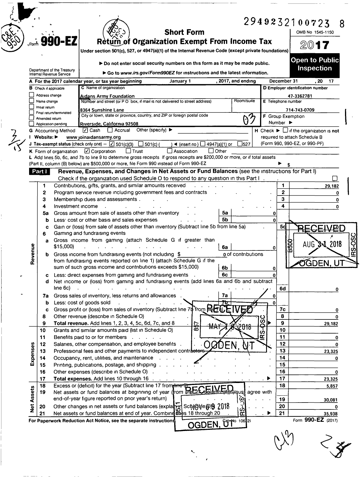 Image of first page of 2017 Form 990EZ for Aidans Army Foundation