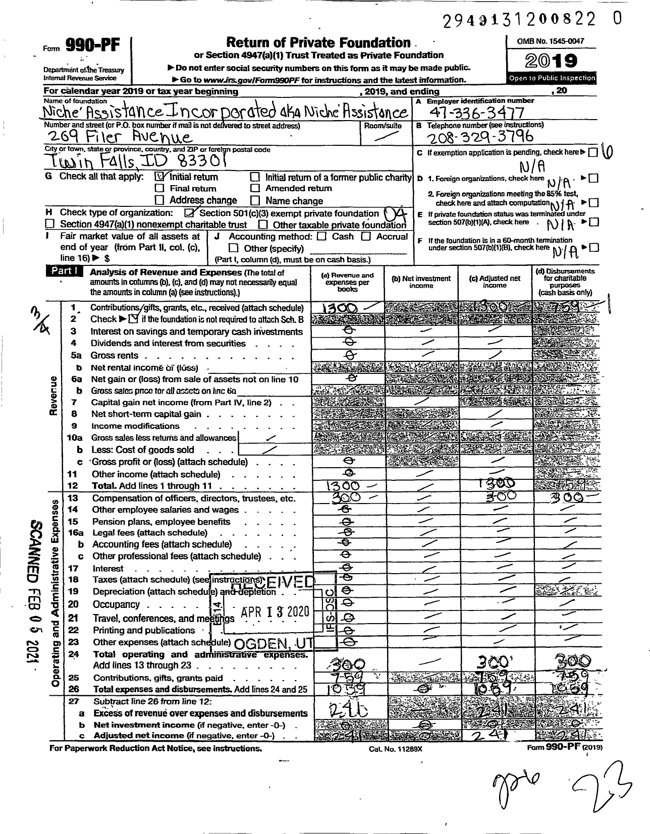 Image of first page of 2019 Form 990PF for Niche Assistance Incorporated