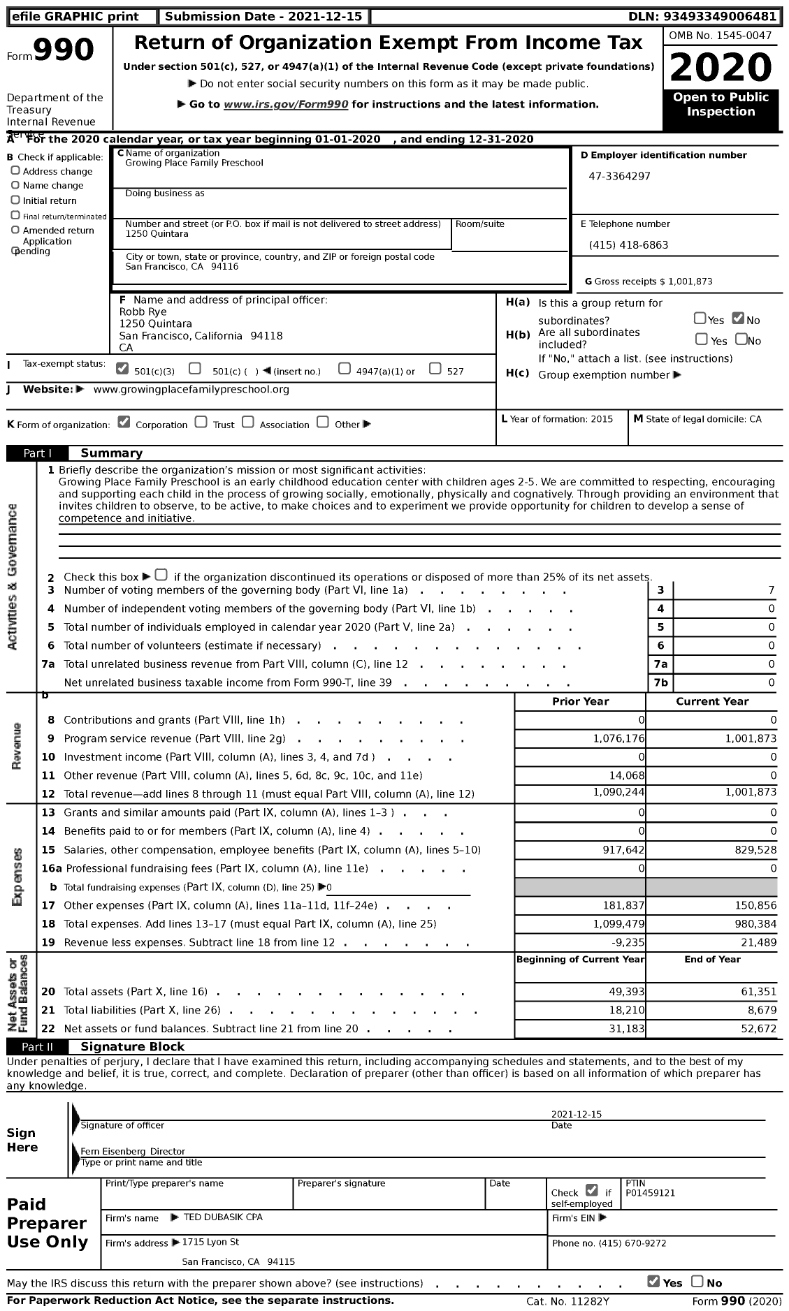 Image of first page of 2020 Form 990 for Growing Place Family Preschool