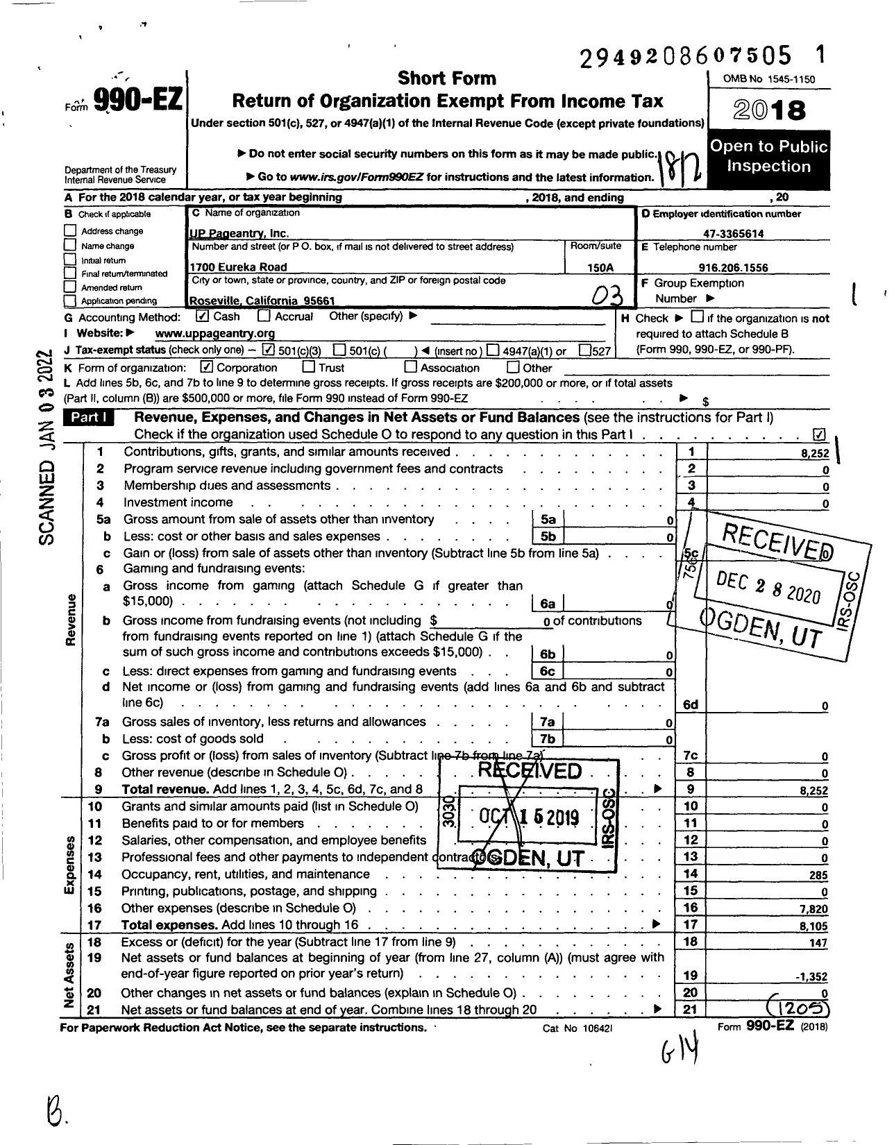 Image of first page of 2018 Form 990EZ for Up Pageantry