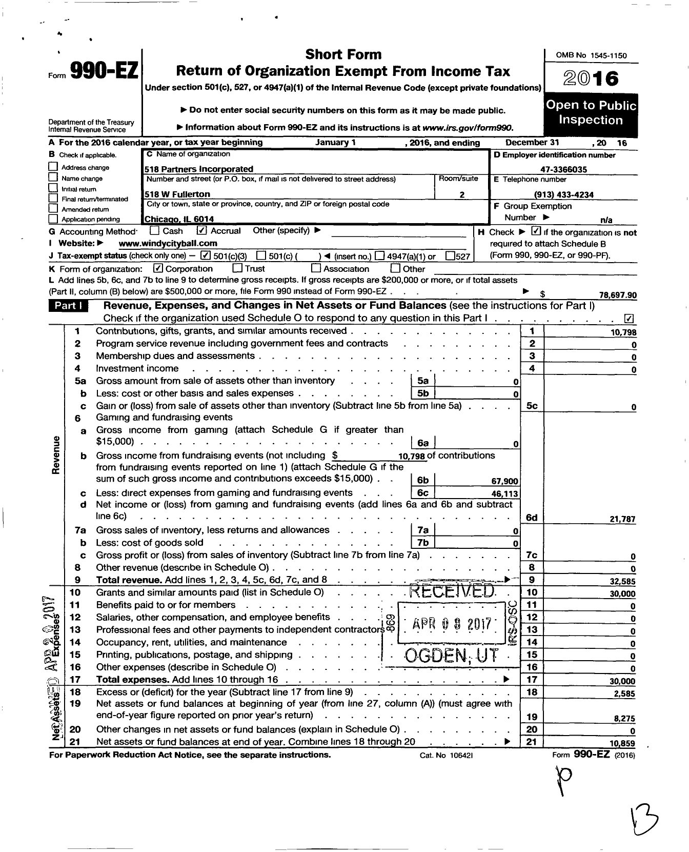 Image of first page of 2016 Form 990EZ for 518 Partners Incorporated