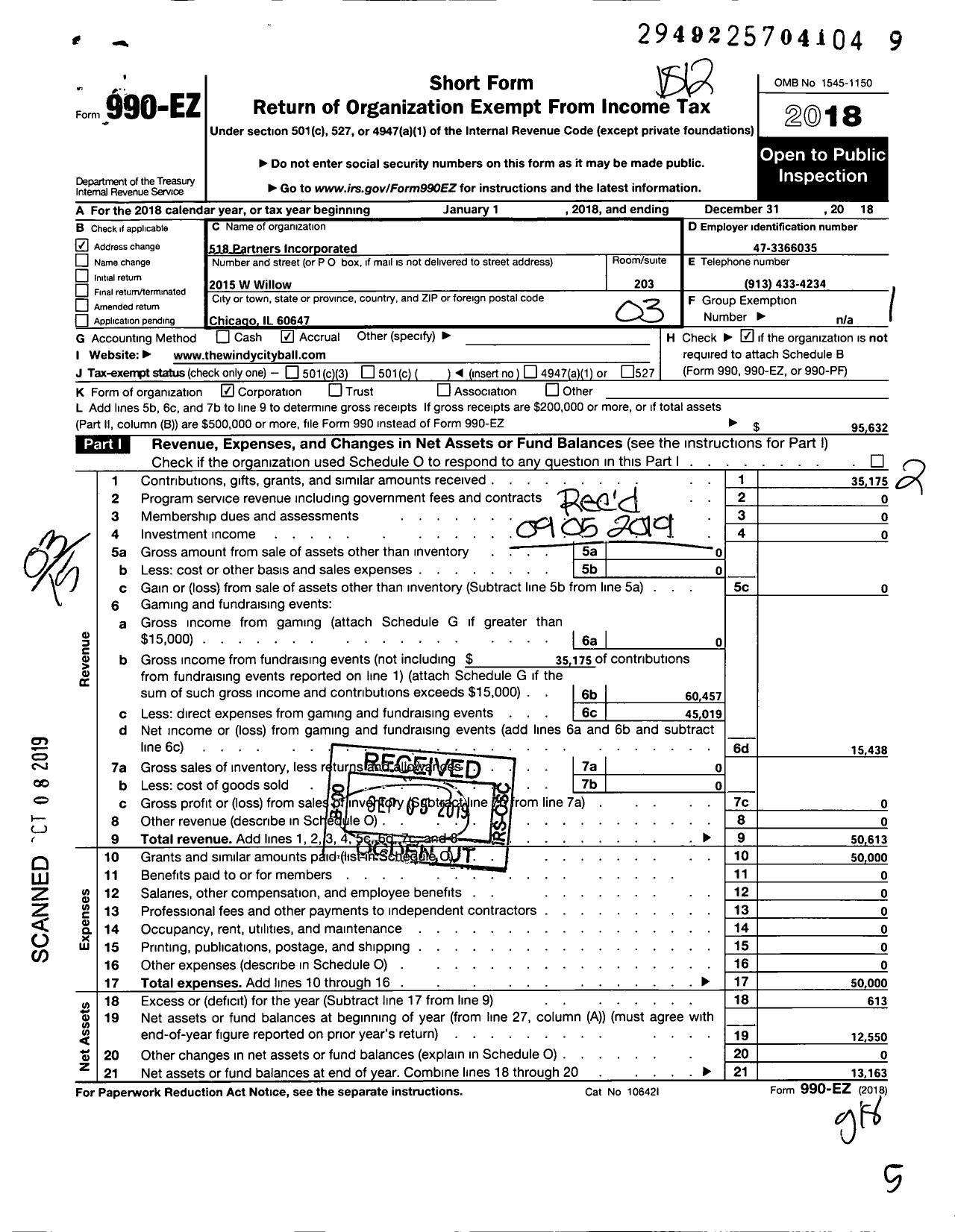 Image of first page of 2018 Form 990EZ for 518 Partners Incorporated