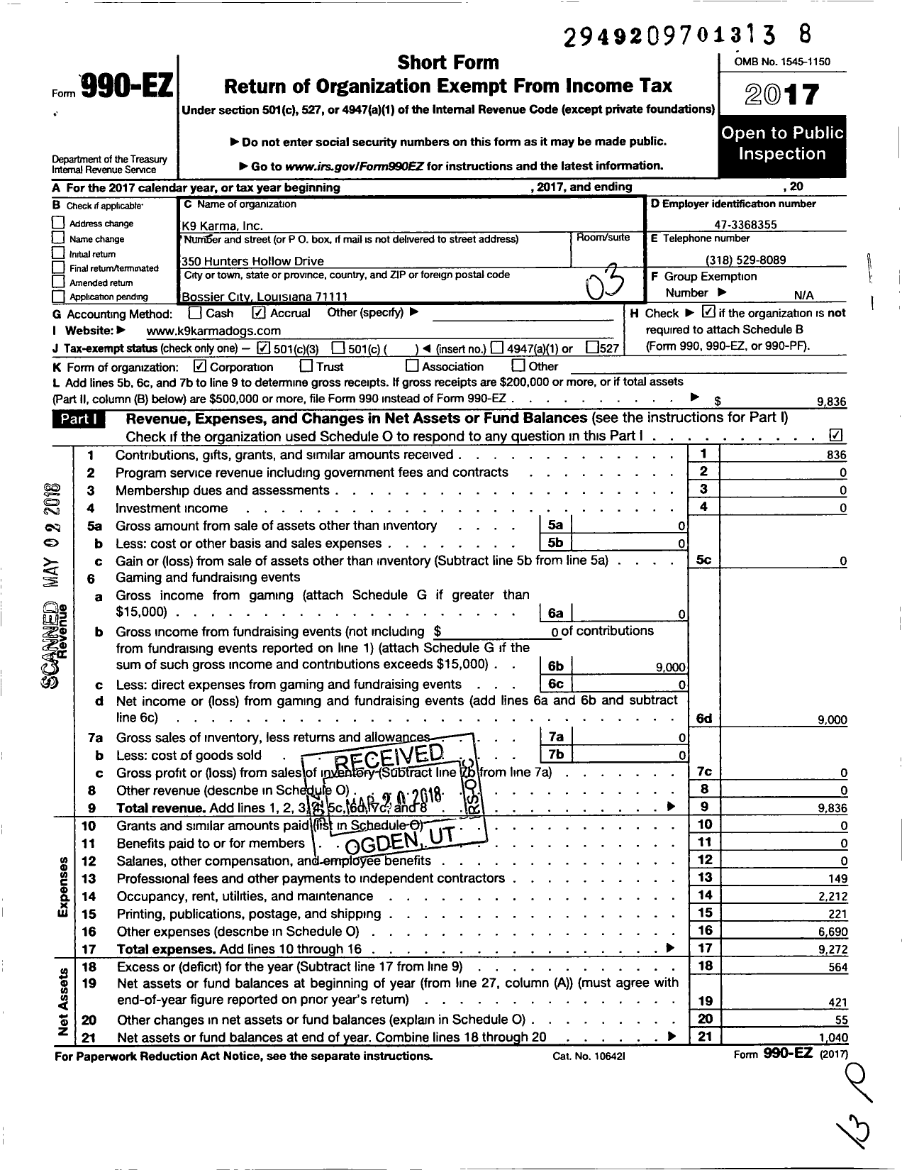 Image of first page of 2017 Form 990EZ for K9 Karma