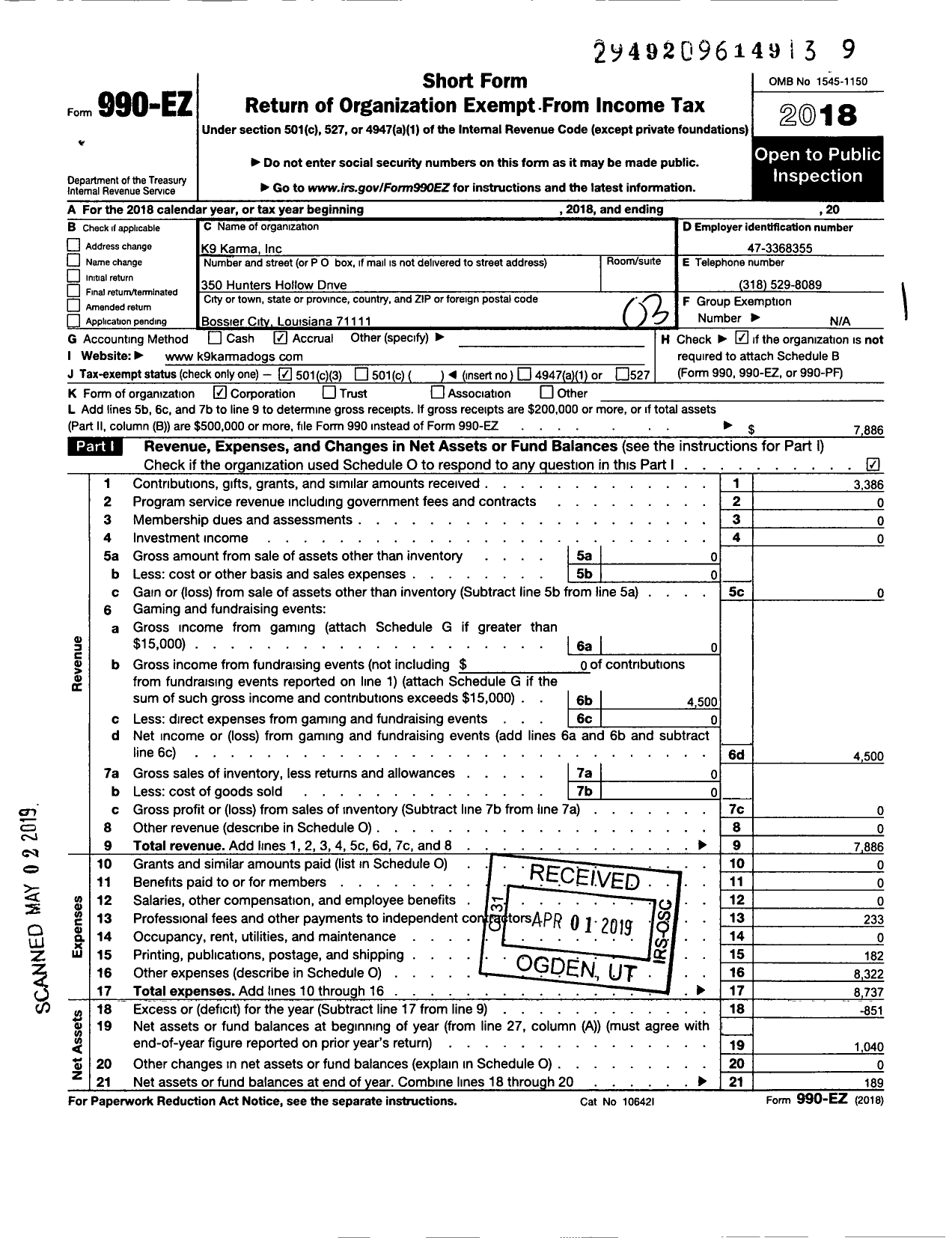 Image of first page of 2018 Form 990EZ for K9 Karma