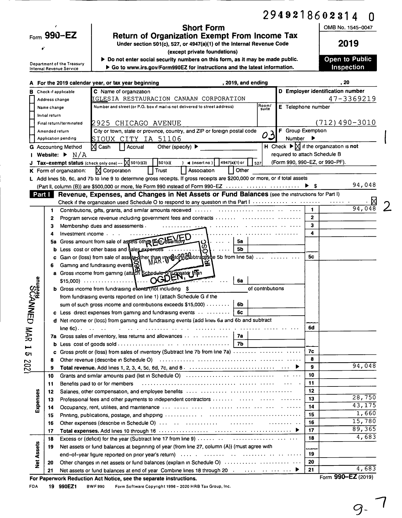 Image of first page of 2019 Form 990EZ for Iglesia Restauracion Canaan Corporation