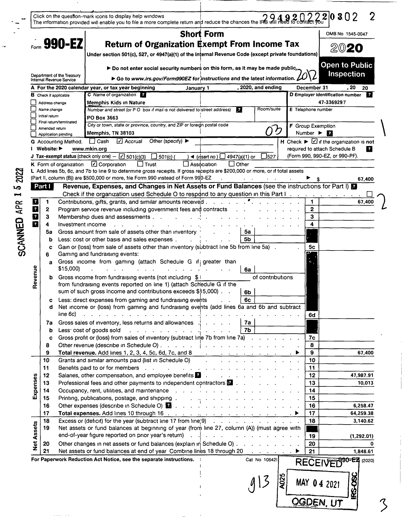 Image of first page of 2020 Form 990EZ for Memphis Kids in Nature