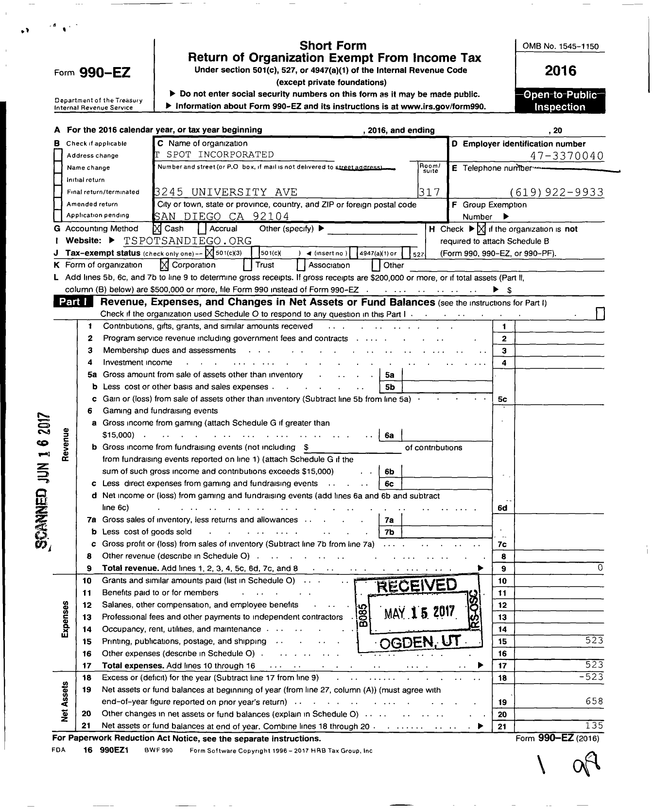 Image of first page of 2016 Form 990EZ for The T-Spot