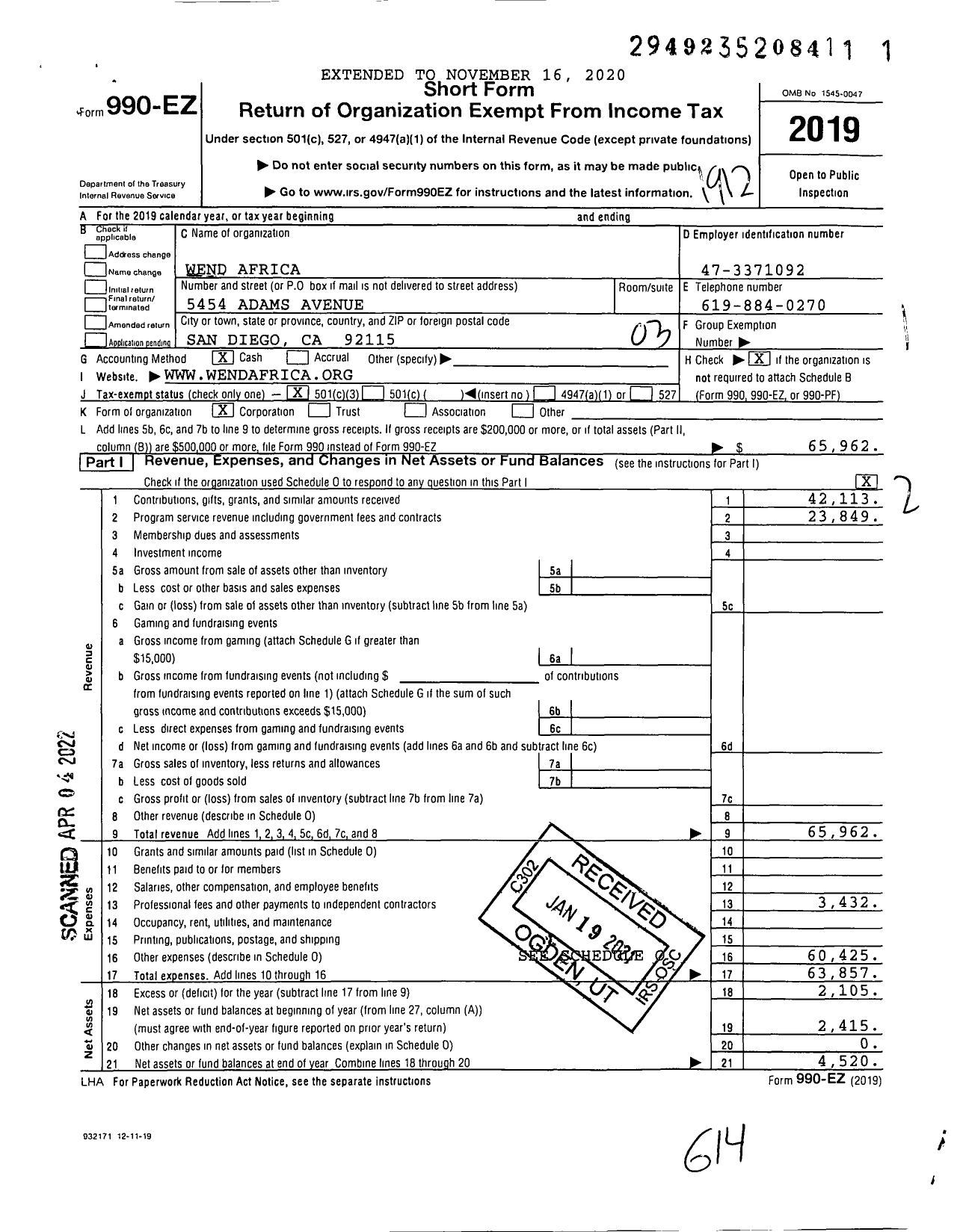 Image of first page of 2019 Form 990EZ for Wend Africa