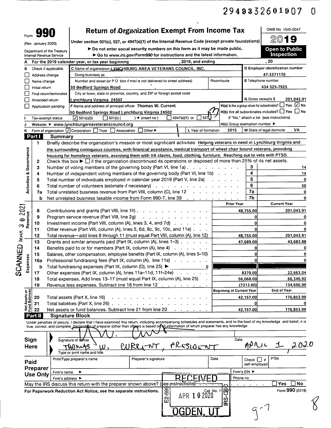 Image of first page of 2019 Form 990 for Lynchburg Area Veterans Council