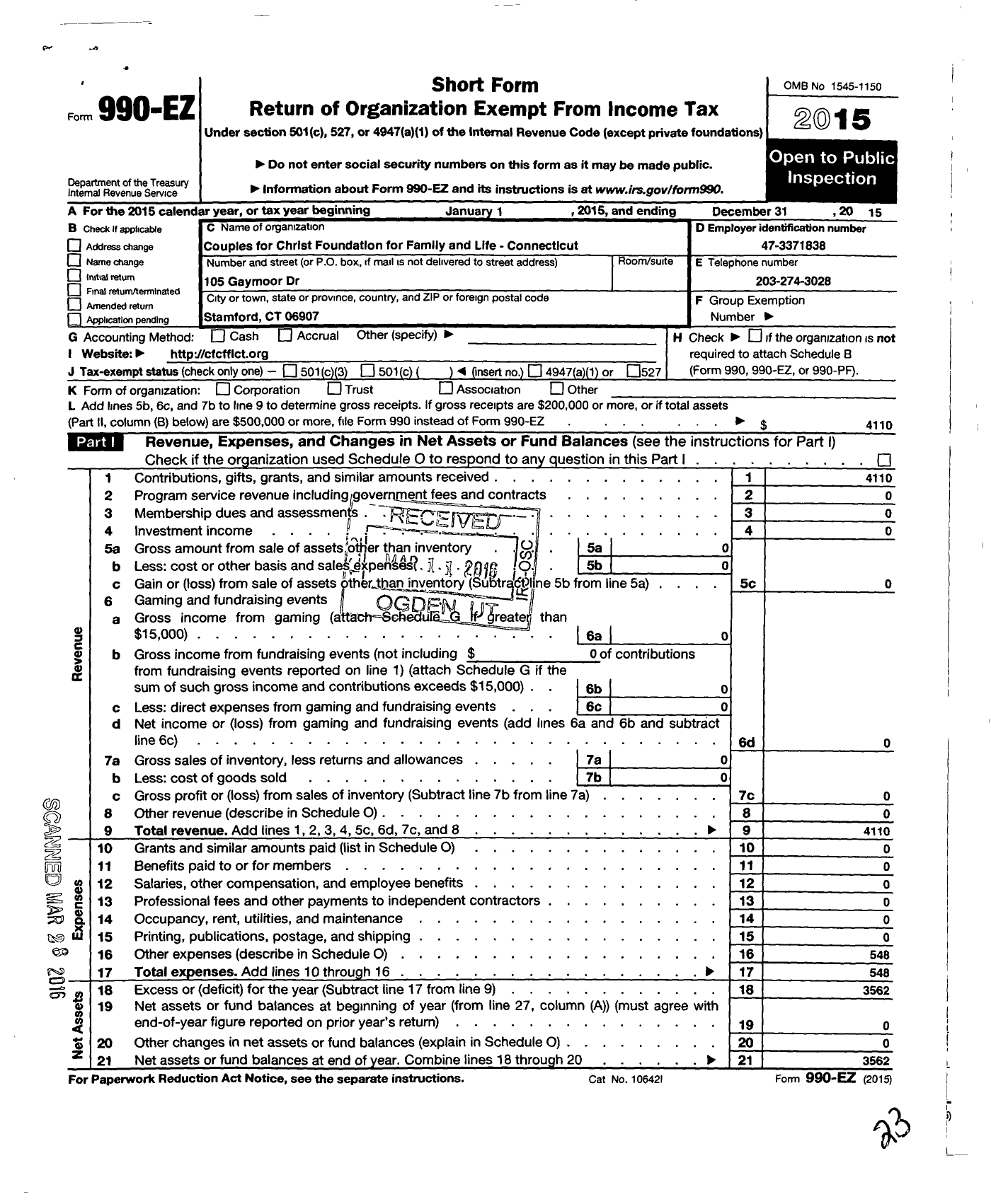 Image of first page of 2015 Form 990EO for Missionary Families of Christ Connecticut