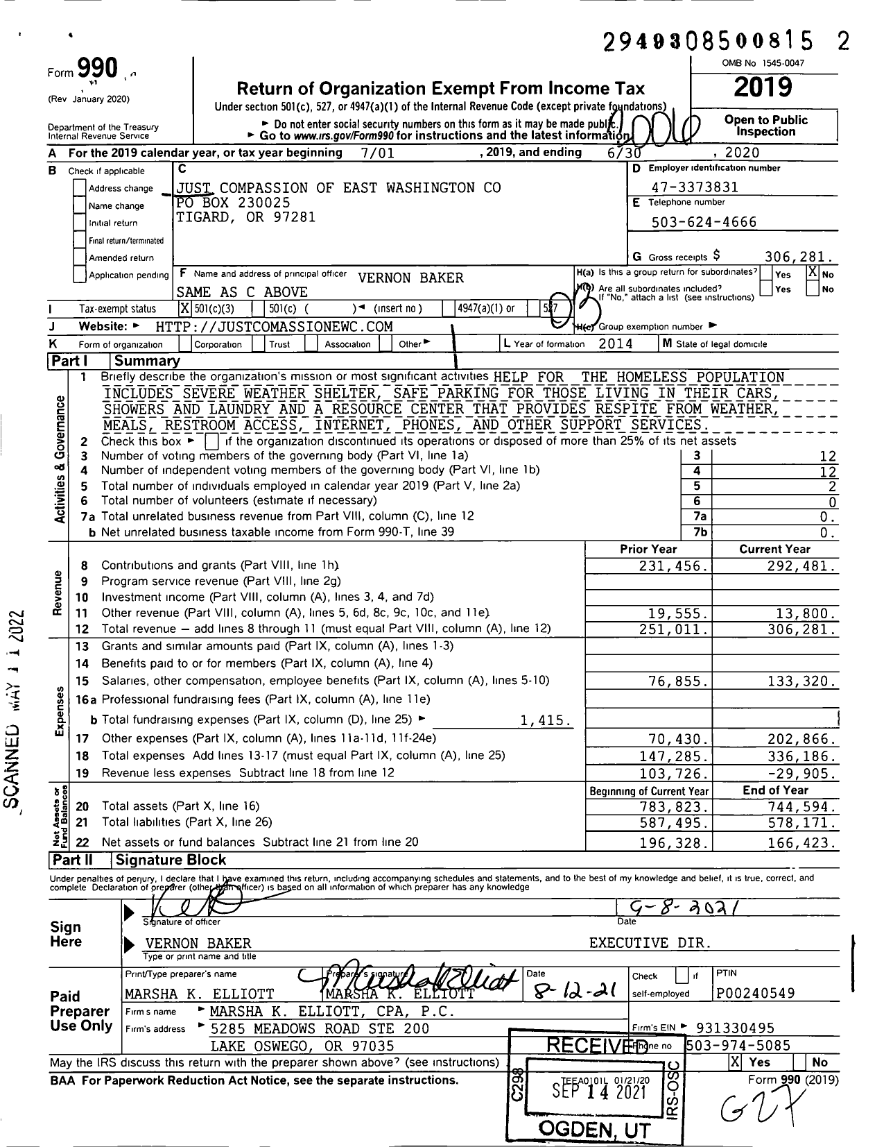 Image of first page of 2019 Form 990 for Just Compassion of East Washington