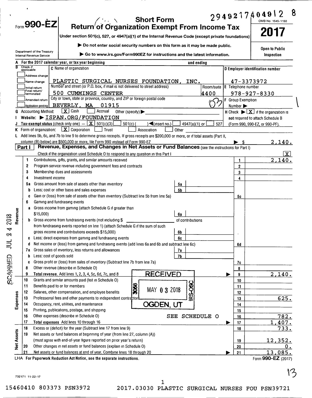 Image of first page of 2017 Form 990EZ for Plastic Surgical Nurses Foundation