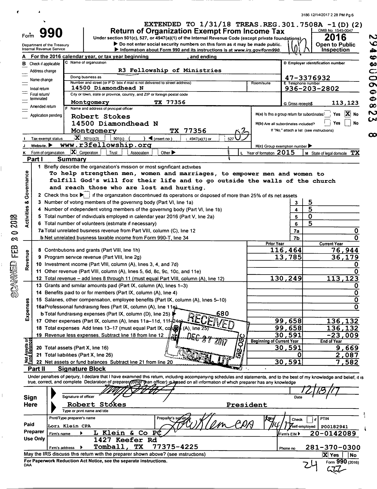 Image of first page of 2016 Form 990 for R3 Fellowship of Ministries