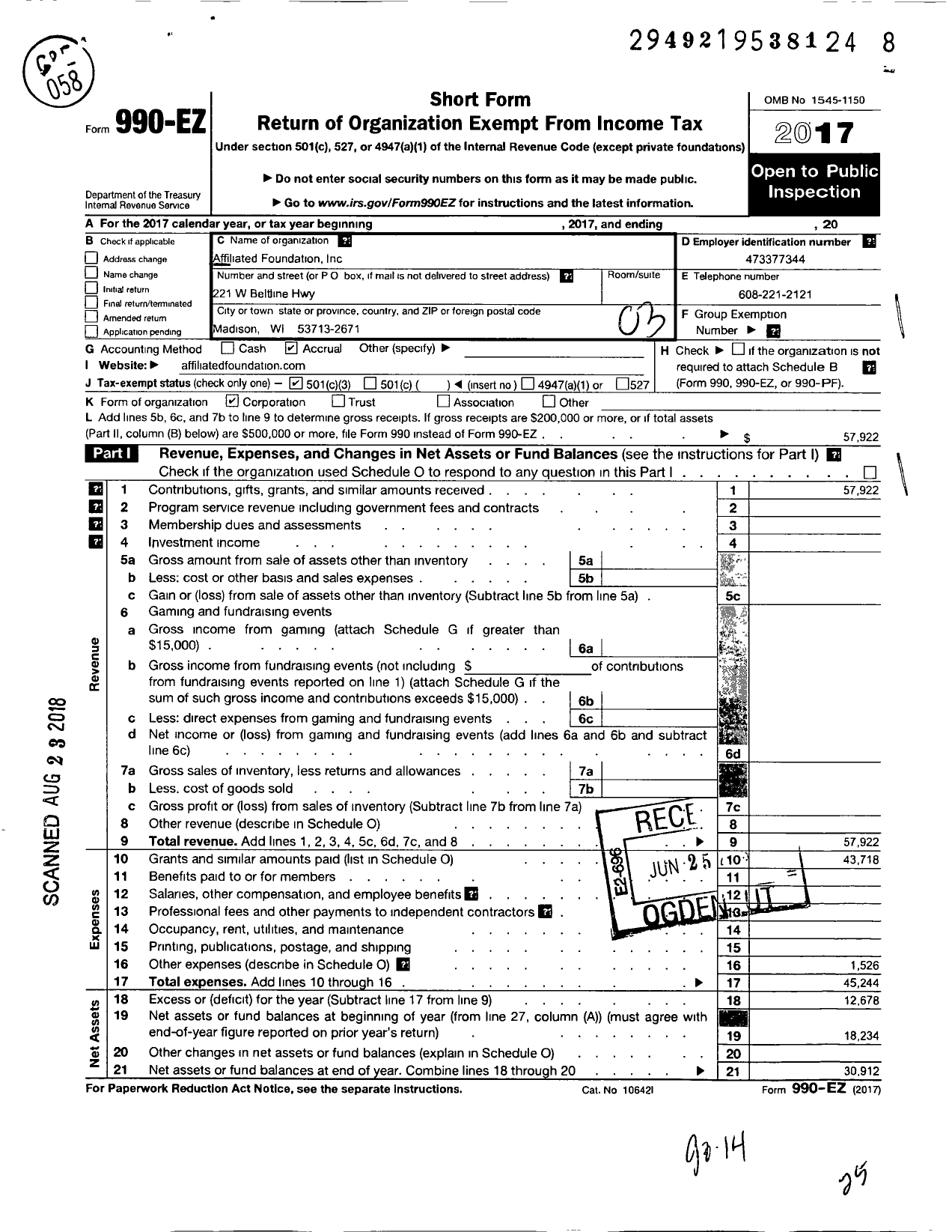 Image of first page of 2017 Form 990EZ for Affiliated Foundation