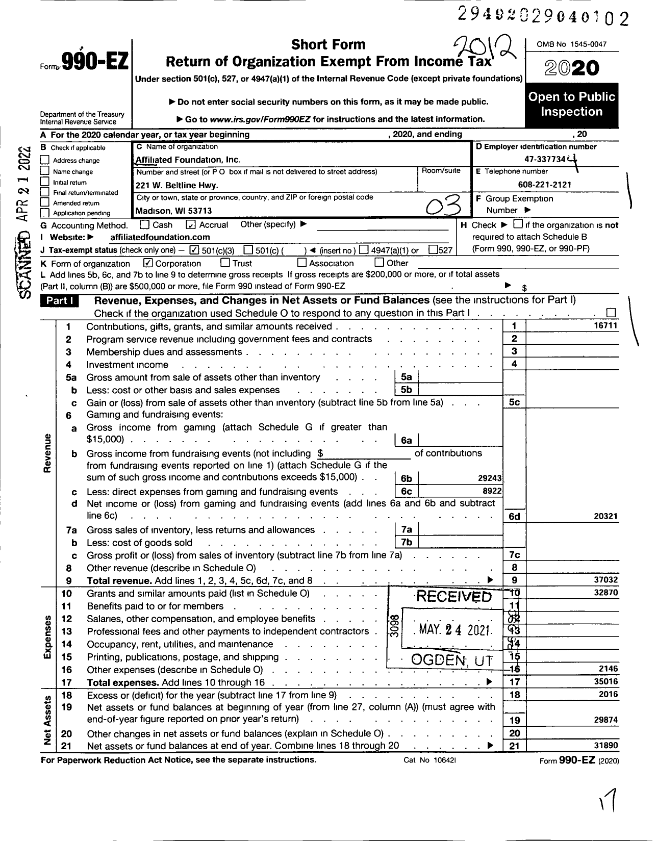 Image of first page of 2020 Form 990EZ for Affiliated Foundation