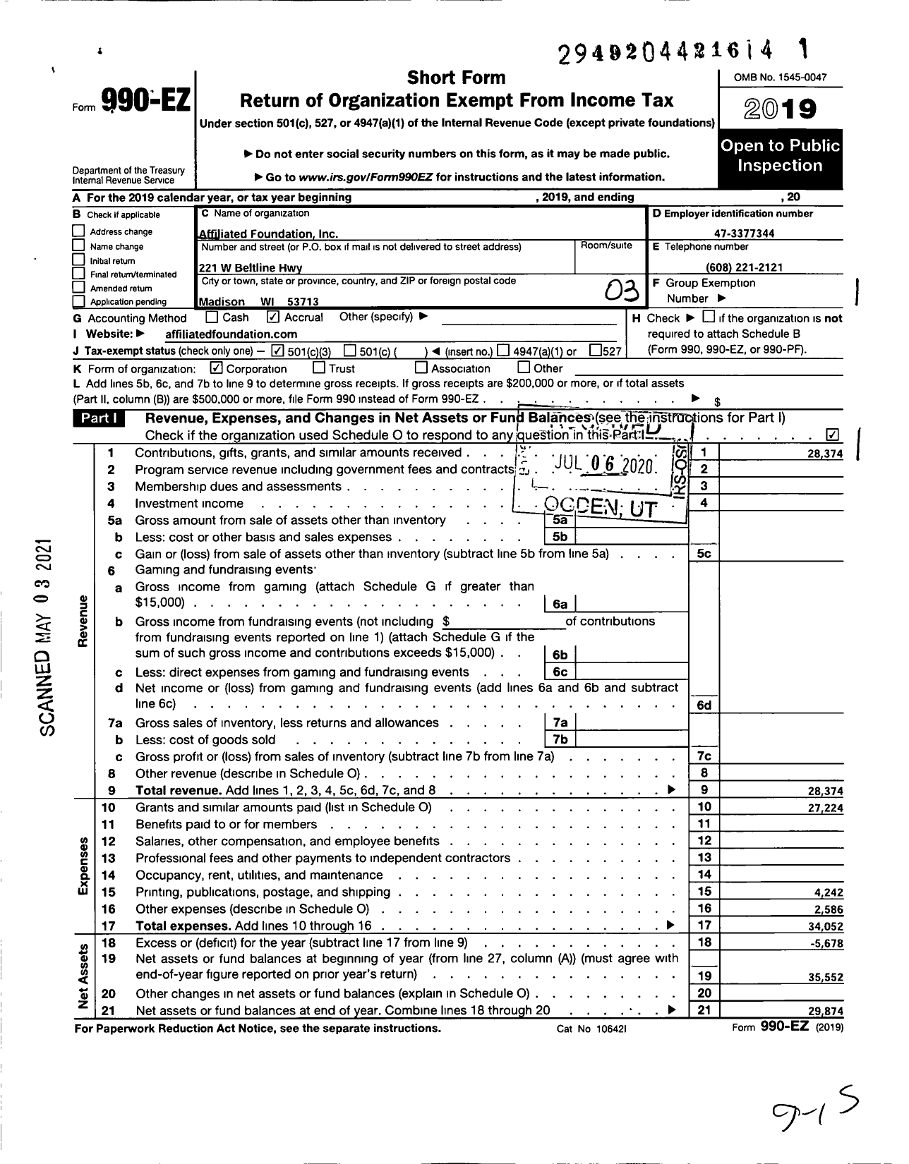 Image of first page of 2019 Form 990EZ for Affiliated Foundation