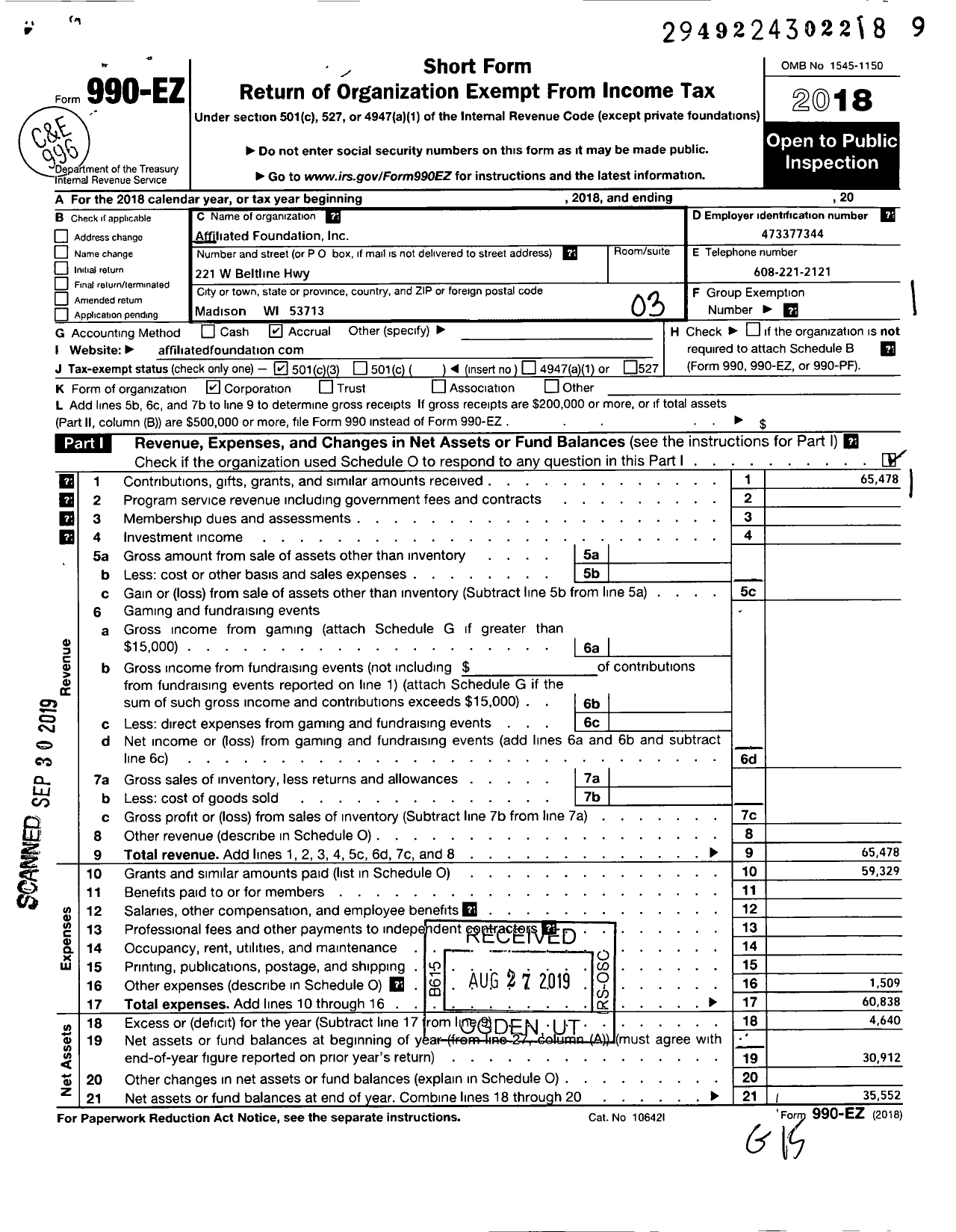 Image of first page of 2018 Form 990EZ for Affiliated Foundation