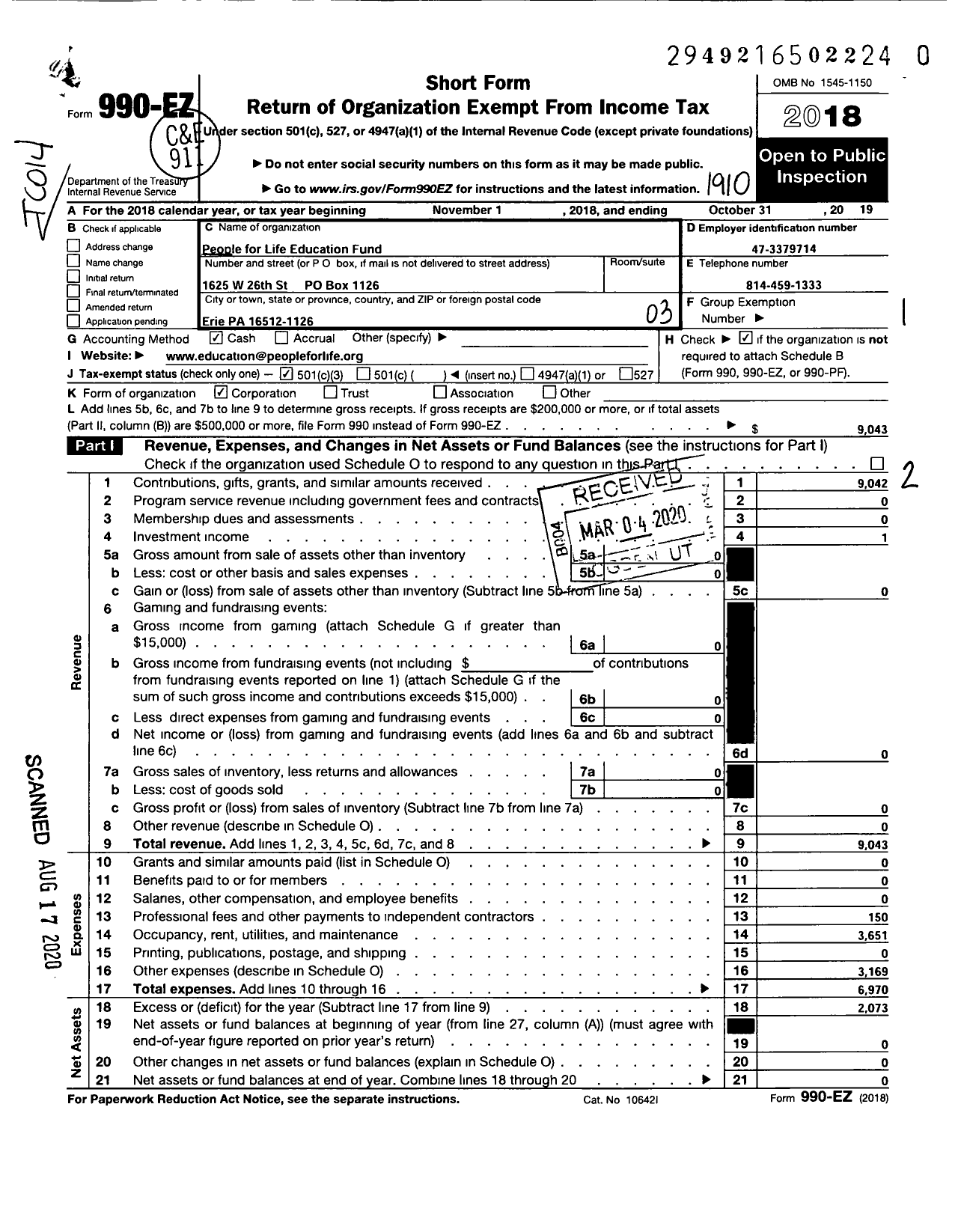 Image of first page of 2018 Form 990EZ for People for Life Education Fund