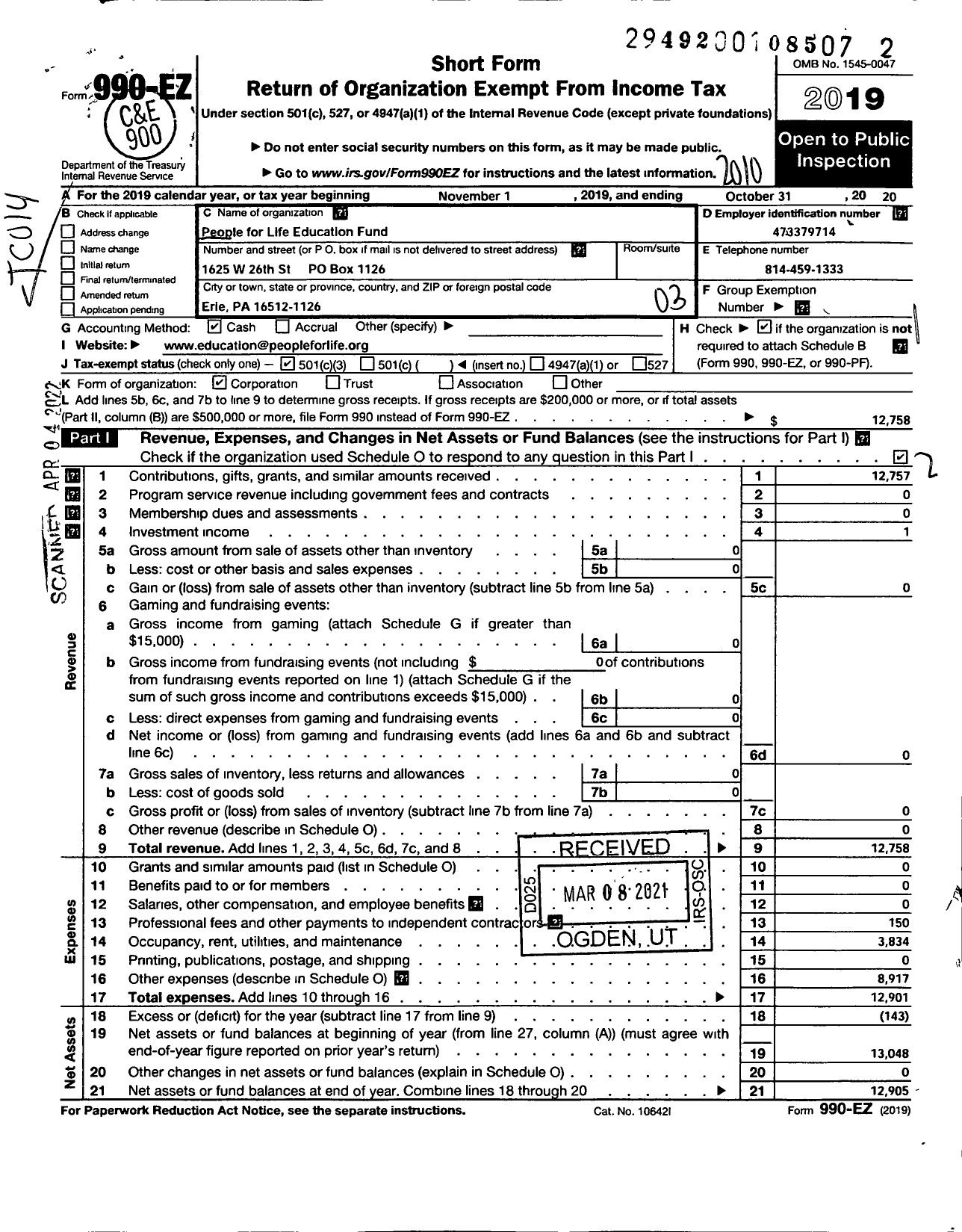 Image of first page of 2019 Form 990EZ for People for Life Education Fund