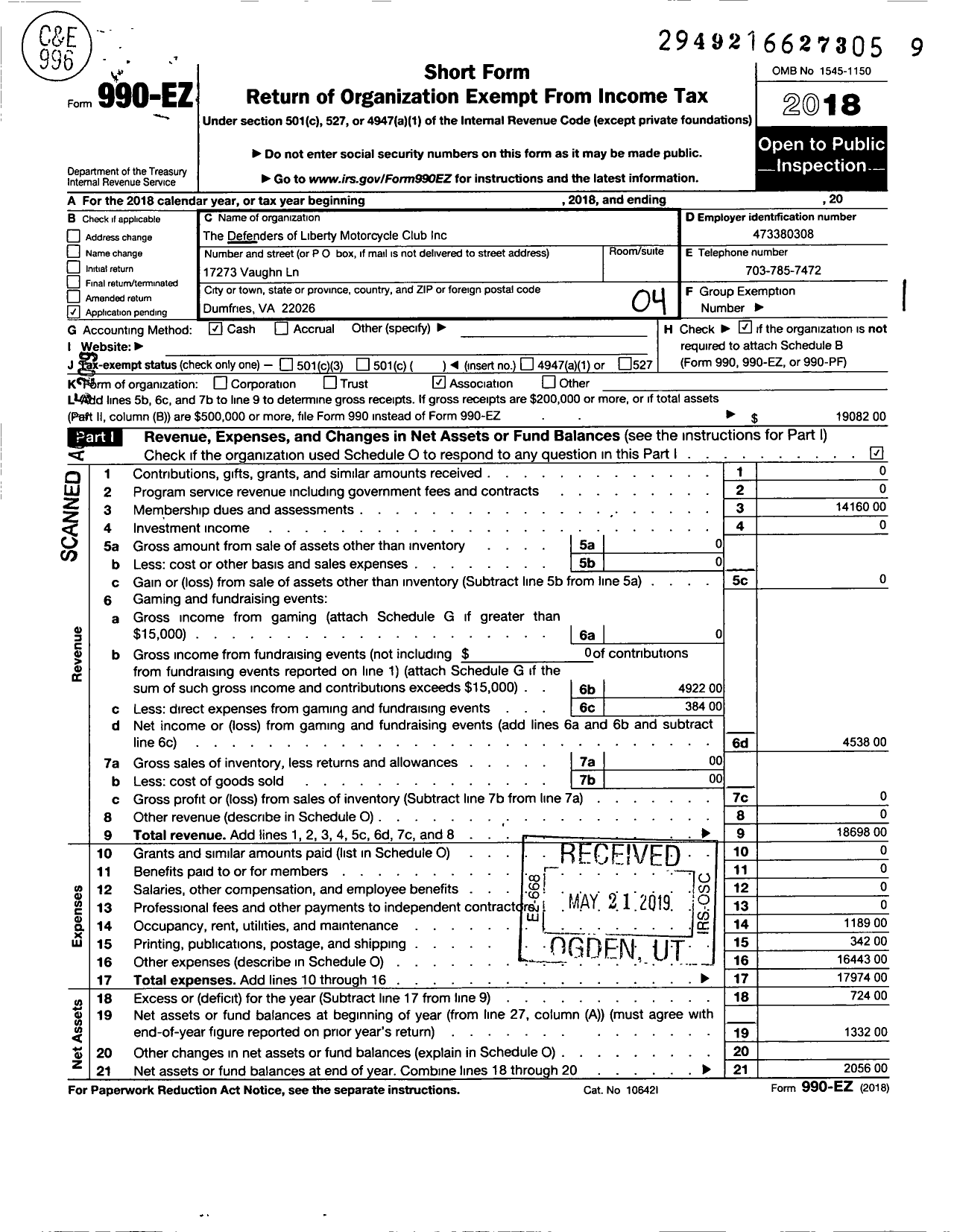 Image of first page of 2018 Form 990EO for Defenders of Liberty Motorcycle Club